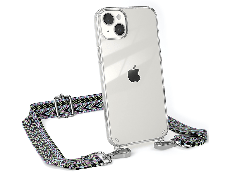 EAZY Apple, Kordel Boho iPhone Style, Handyhülle Transparente Grün 14 / mit Violett Umhängetasche, Plus, CASE