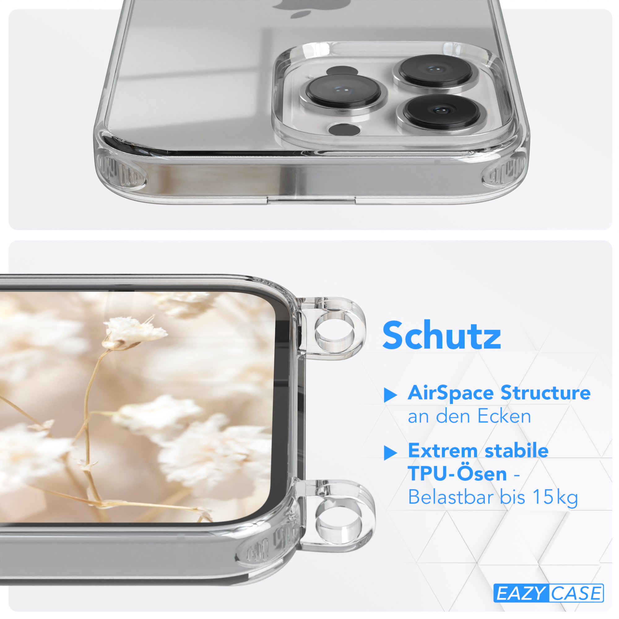 Klare Handyhülle mit Schutzdetails. AirSpace Structure, Extrem stabile TPU-Ösen, Belastbar bis 15kg.