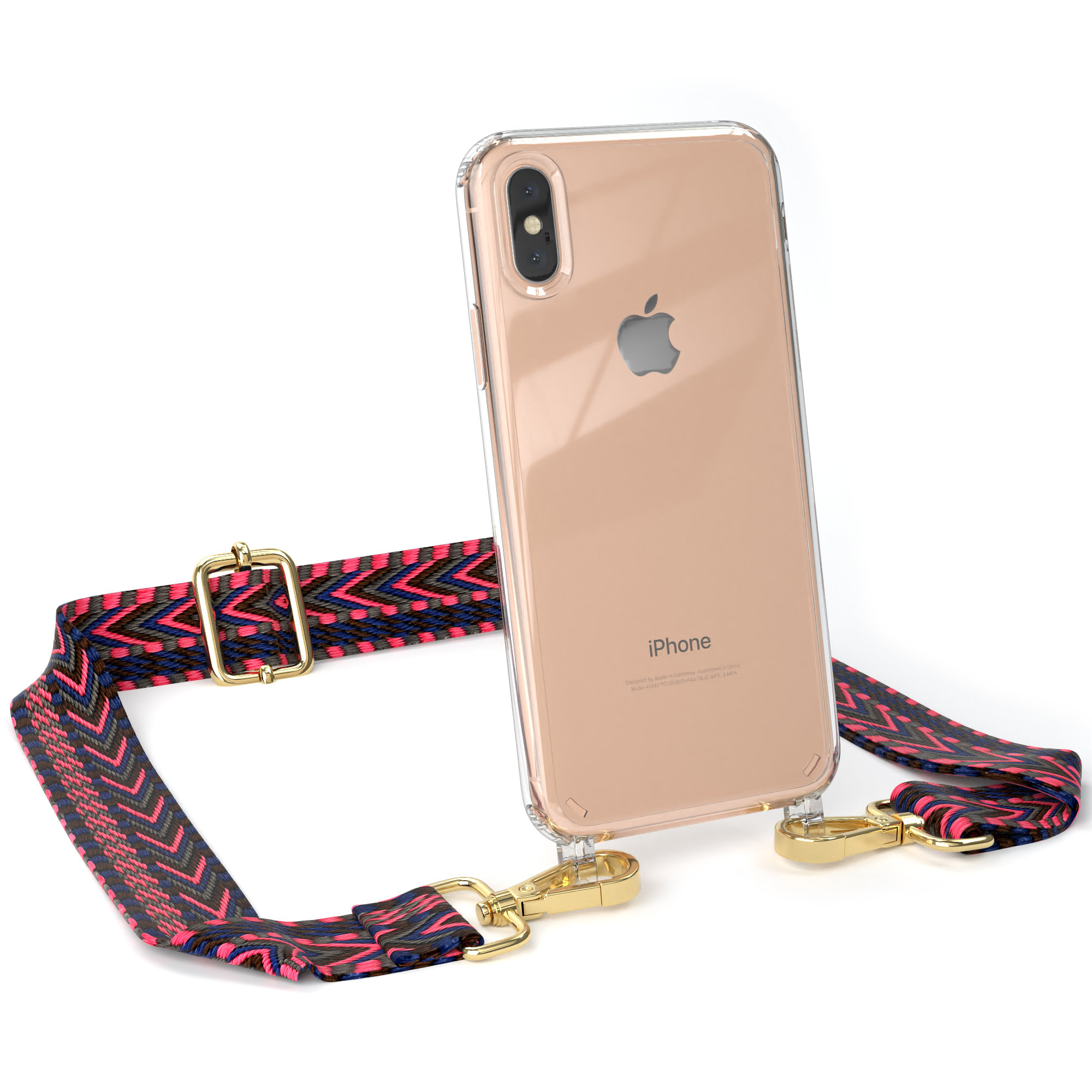 Transparente Handyhülle mit Trageriemen. Riemen ist rosa und schwarz. Goldene Hardware. Weißer Hintergrund.