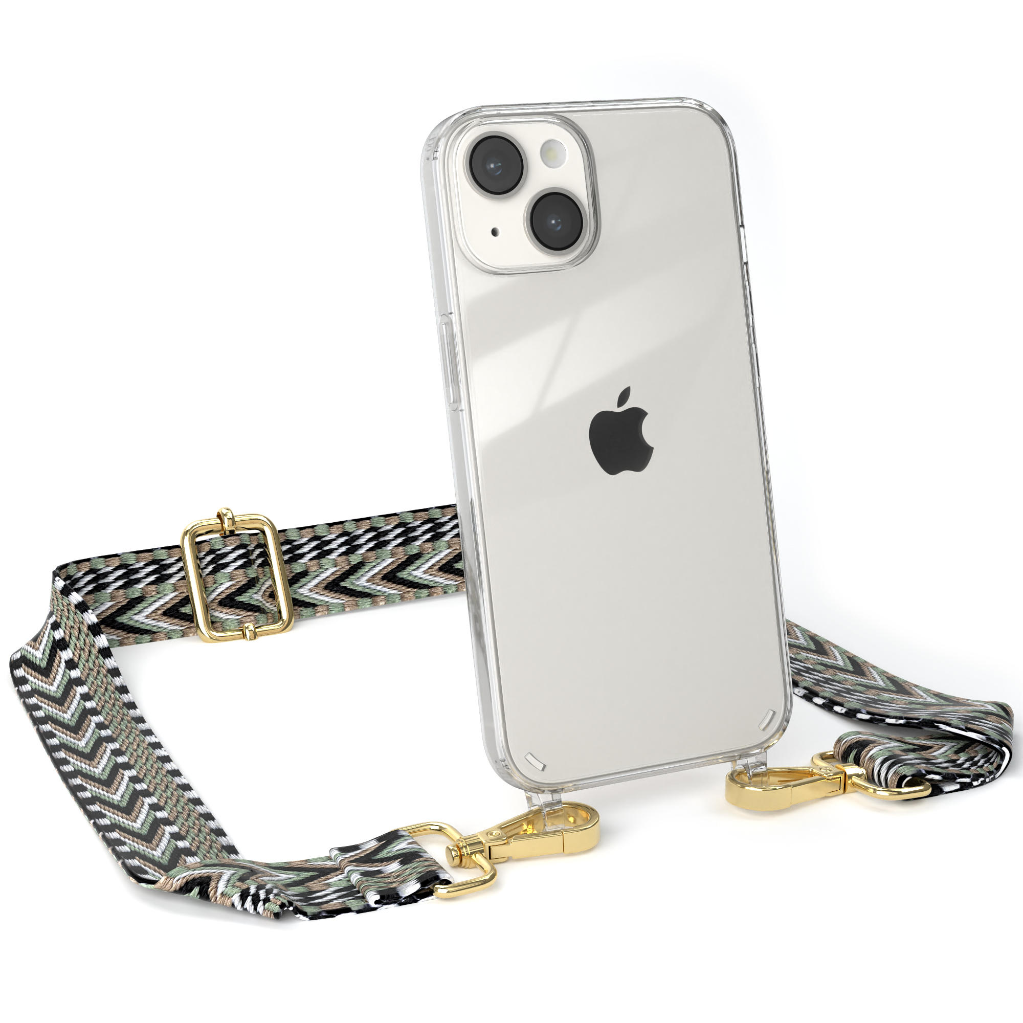 Transparente Handyhülle mit Riemen, Telefon nach unten, bunter Riemen, weißer Hintergrund.