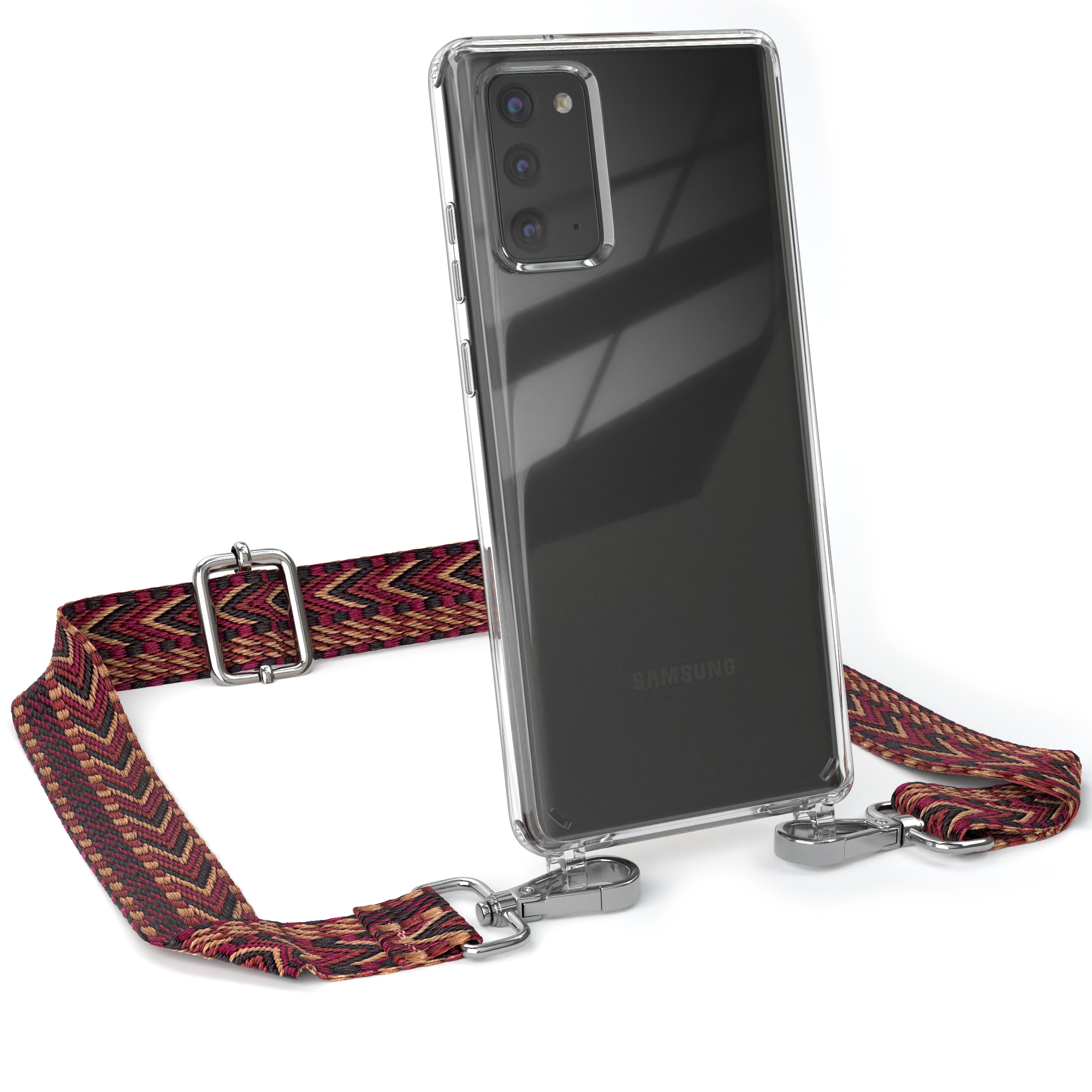 Transparente Handyhülle mit buntem Riemen, Samsung-Logo sichtbar.