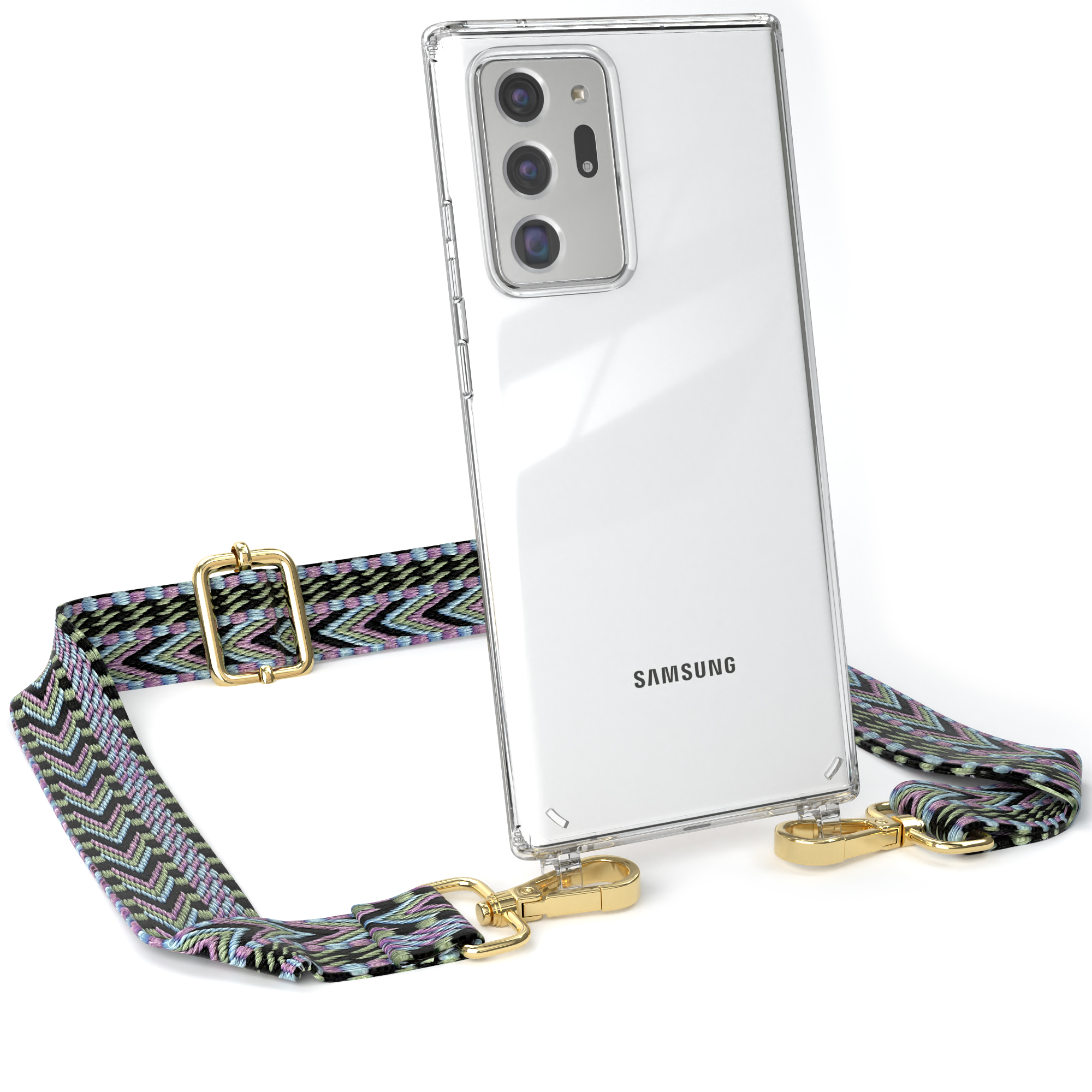 Samsung-Handy mit klarer Hülle und gemustertem Riemen. Goldene Hardware. Samsung-Logo.