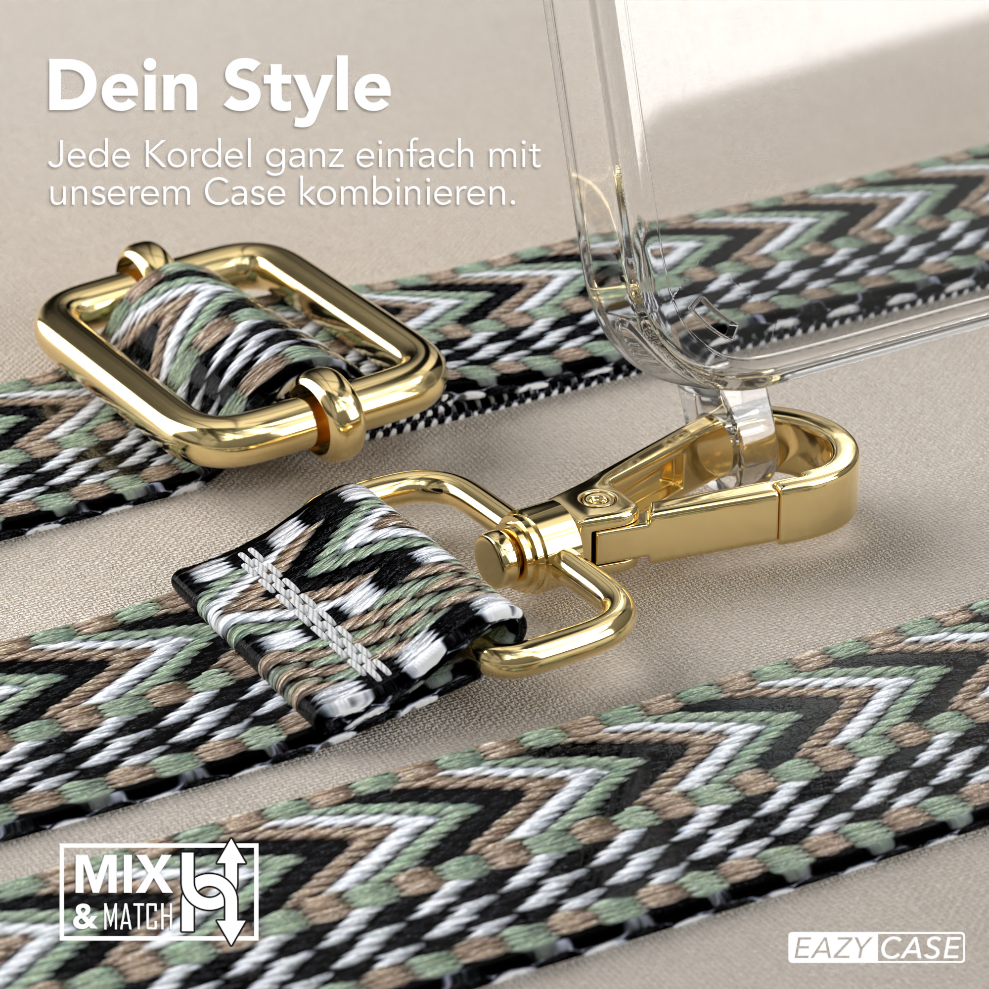 Eine Handyhülle mit Riemen. Der Riemen hat ein Muster aus Grün, Schwarz und Weiß.