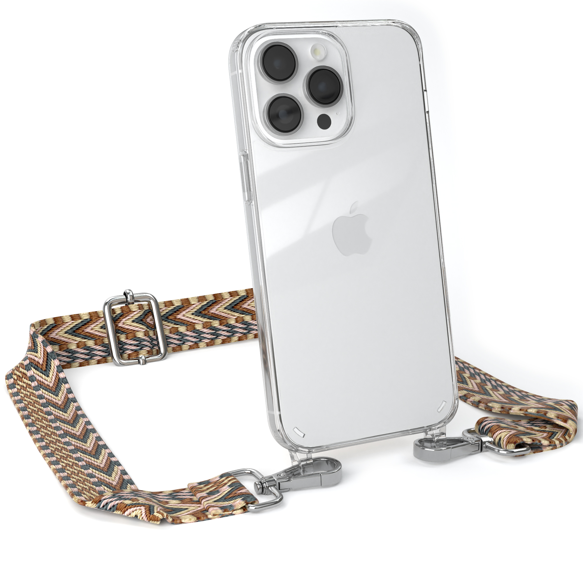 Klares Telefon mit braunem Riemen. Apple-Logo sichtbar.