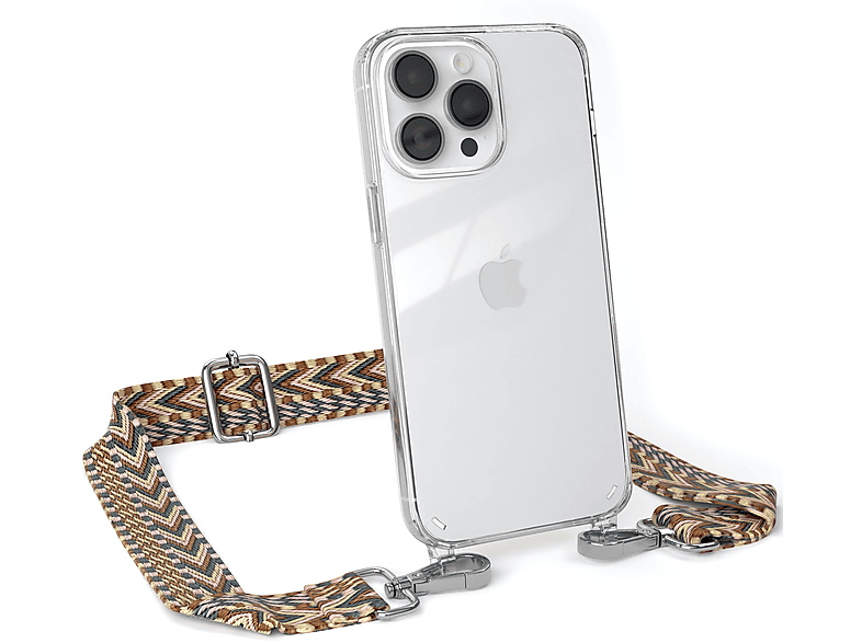 EAZY CASE Transparente Handyhülle mit Kordel Boho Style, Umhängetasche, Apple, iPhone 14 Pro Max, Braun Mix