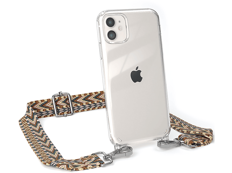 EAZY CASE Transparente Handyhülle Boho iPhone mit Mix Umhängetasche, Apple, Kordel Style, 11, Braun