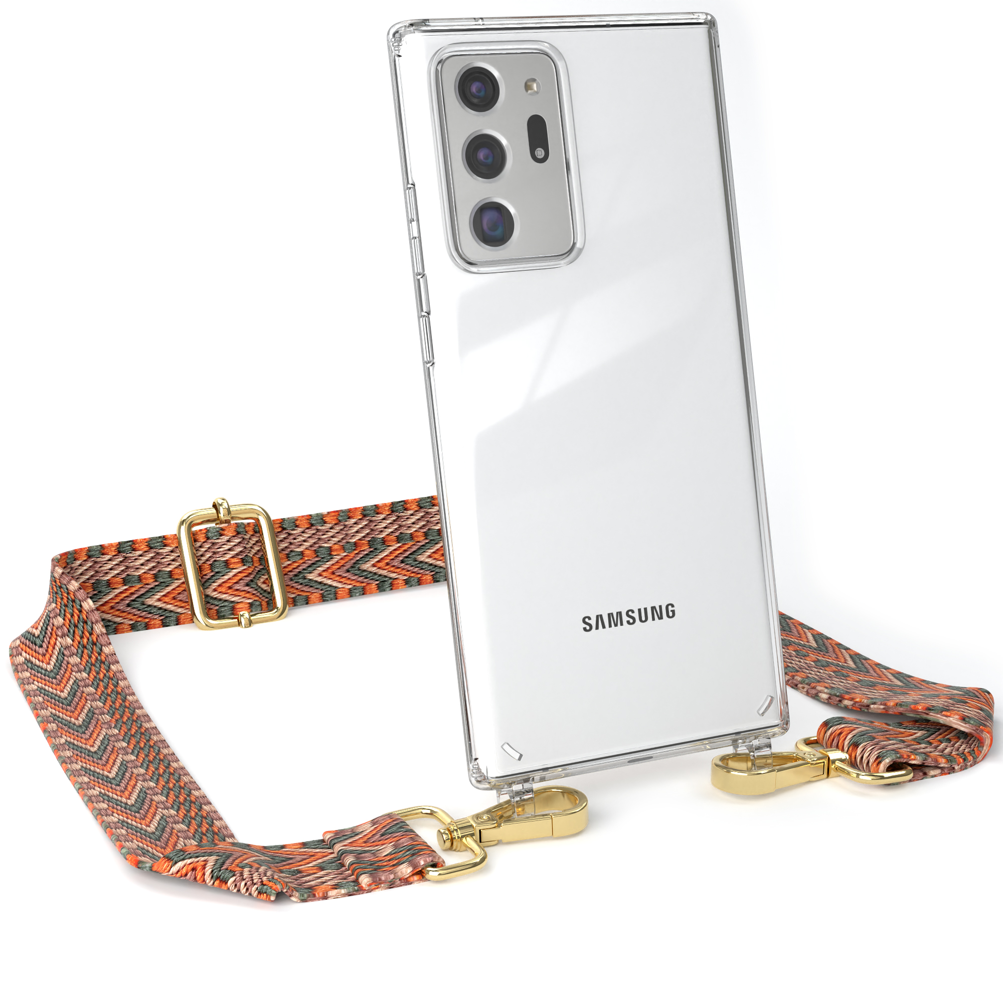 Samsung-Telefon mit klarer Hülle und Gurt mit orangefarbenem und grauem Muster.