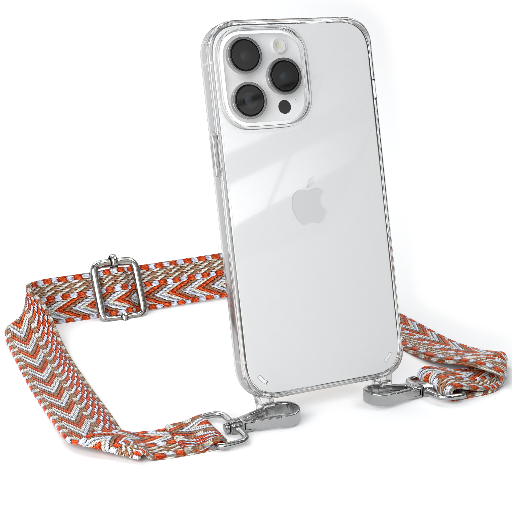 Transparente Handyhülle mit orangefarbenem, weißem und braun gemustertem Riemen. Apple-Handy sichtbar.