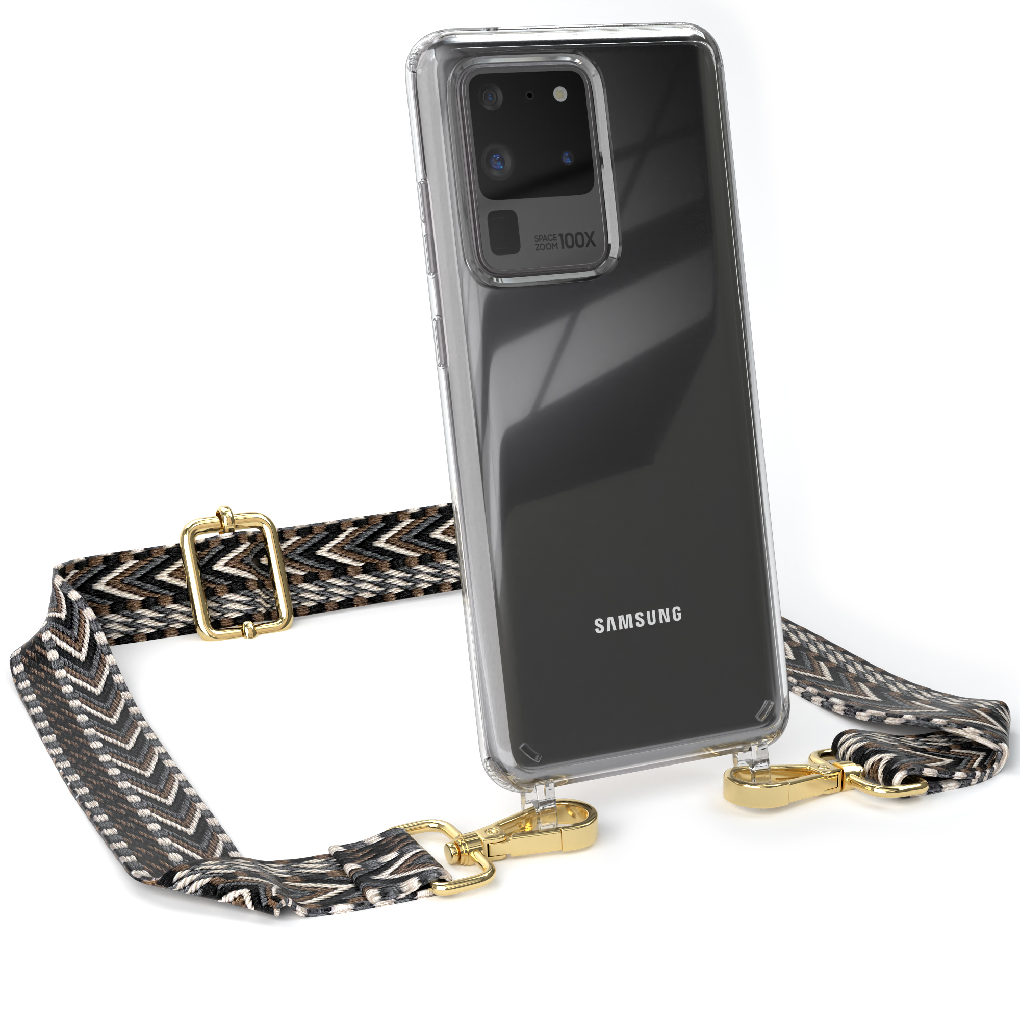 Samsung-Handy in klarer Hülle mit Band. Band hat Muster, goldene Verschlüsse.