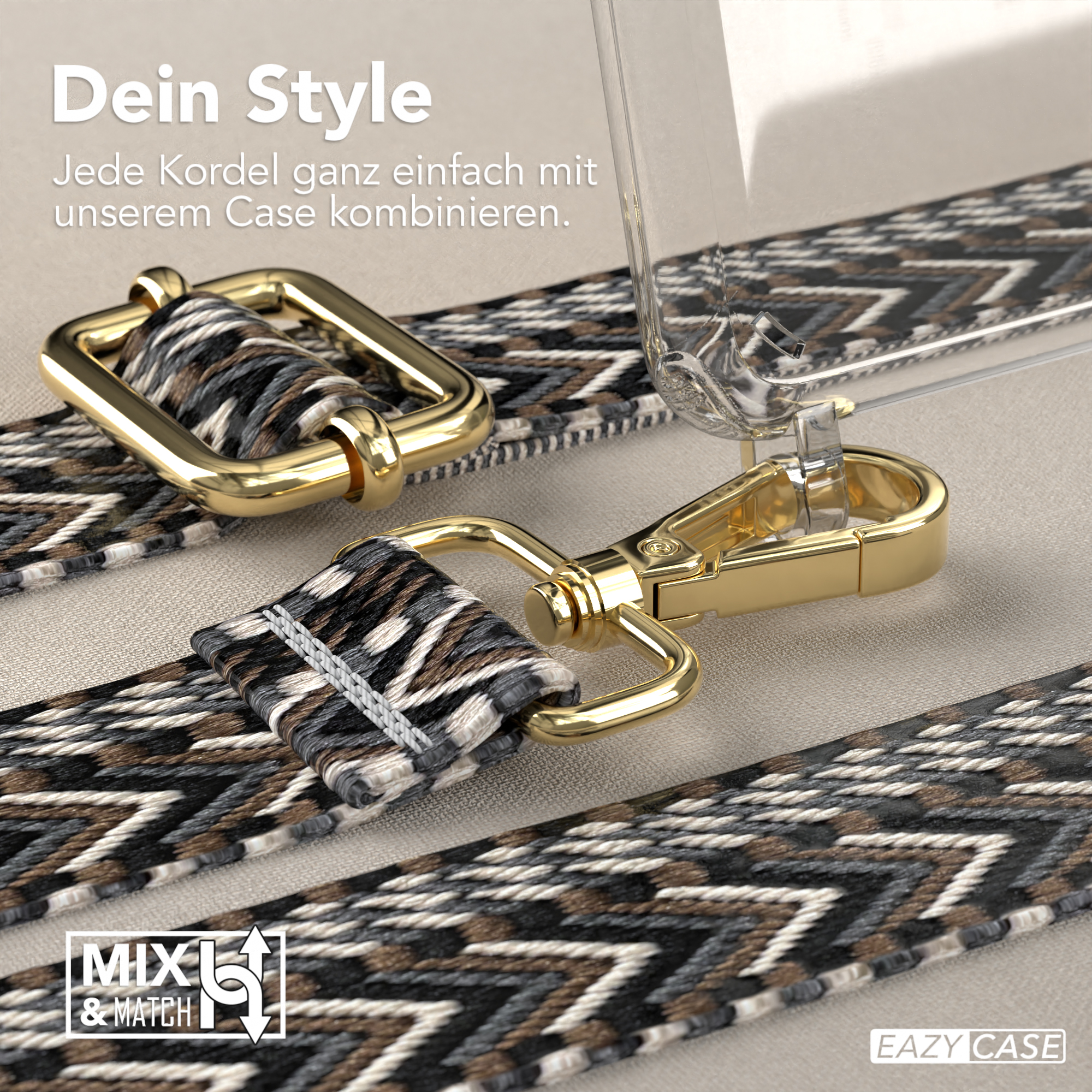 Nahaufnahme eines Telefonriemens mit goldfarbener Hardware und gemustertem Design.