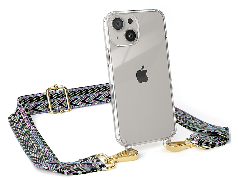 EAZY CASE Transparente Handyhülle mit Kordel Boho Style, Umhängetasche, Apple, iPhone 13 Mini, Violett / Grün