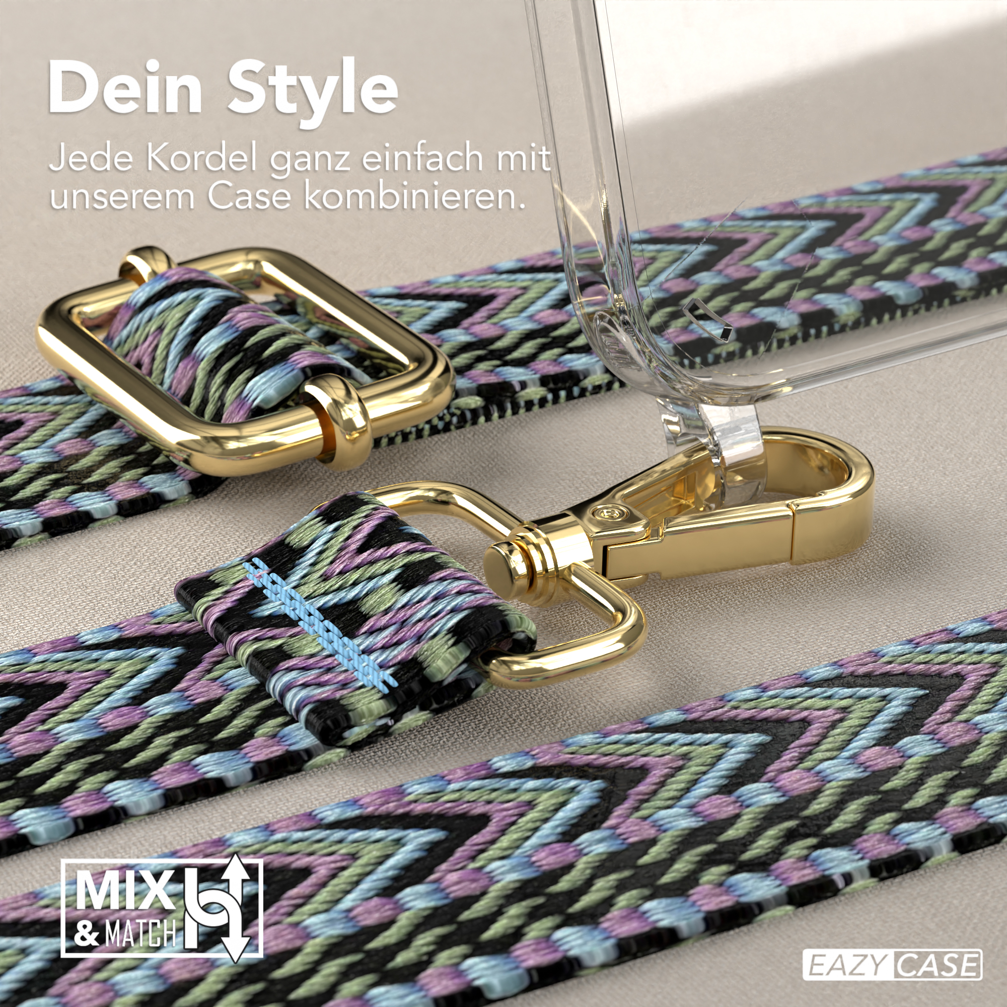 Nahaufnahme von Handyhüllenriemen und goldener Hardware.