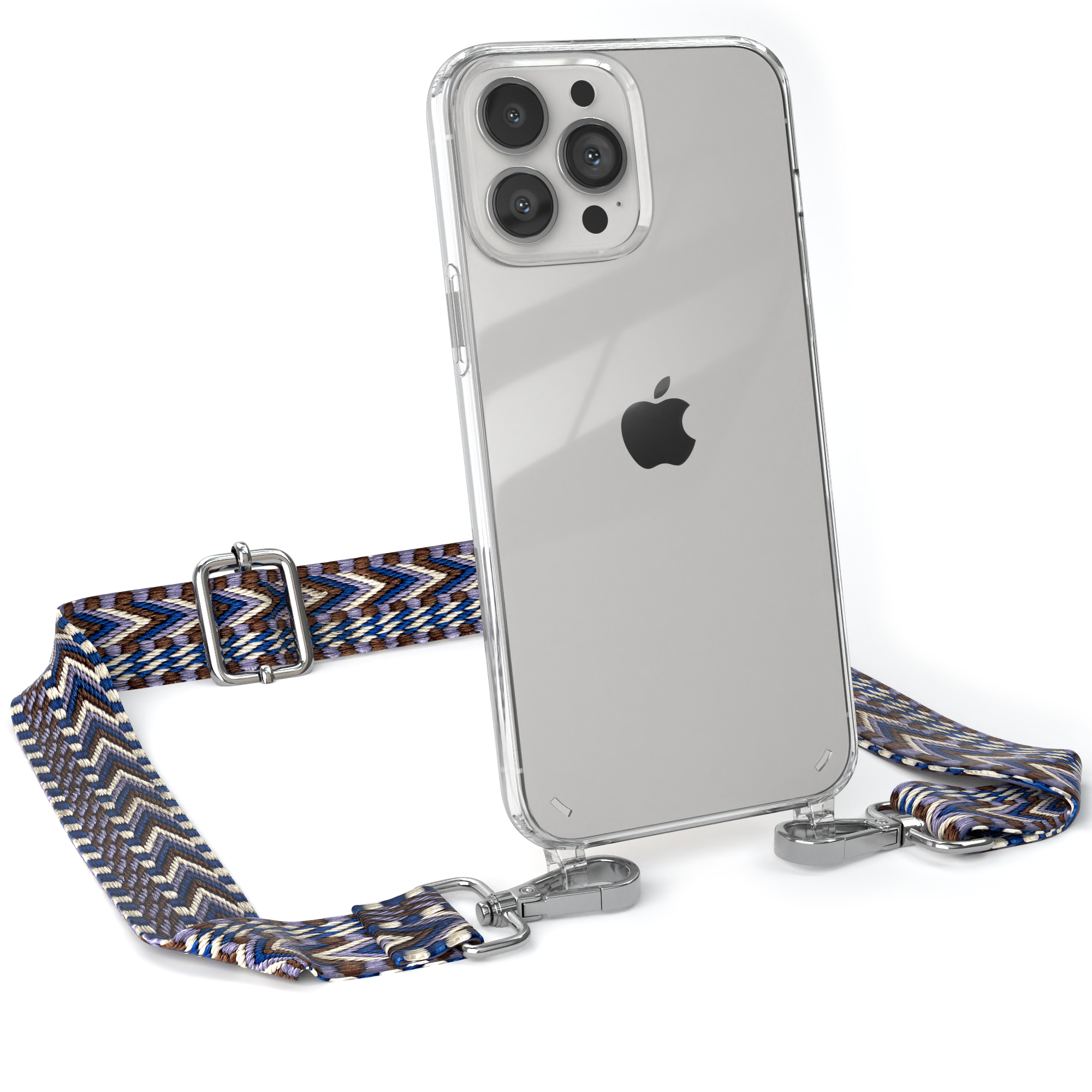 Transparente Handyhülle mit blau-weißem Band. Ein Telefon mit Apple-Logo befindet sich in der Hülle.