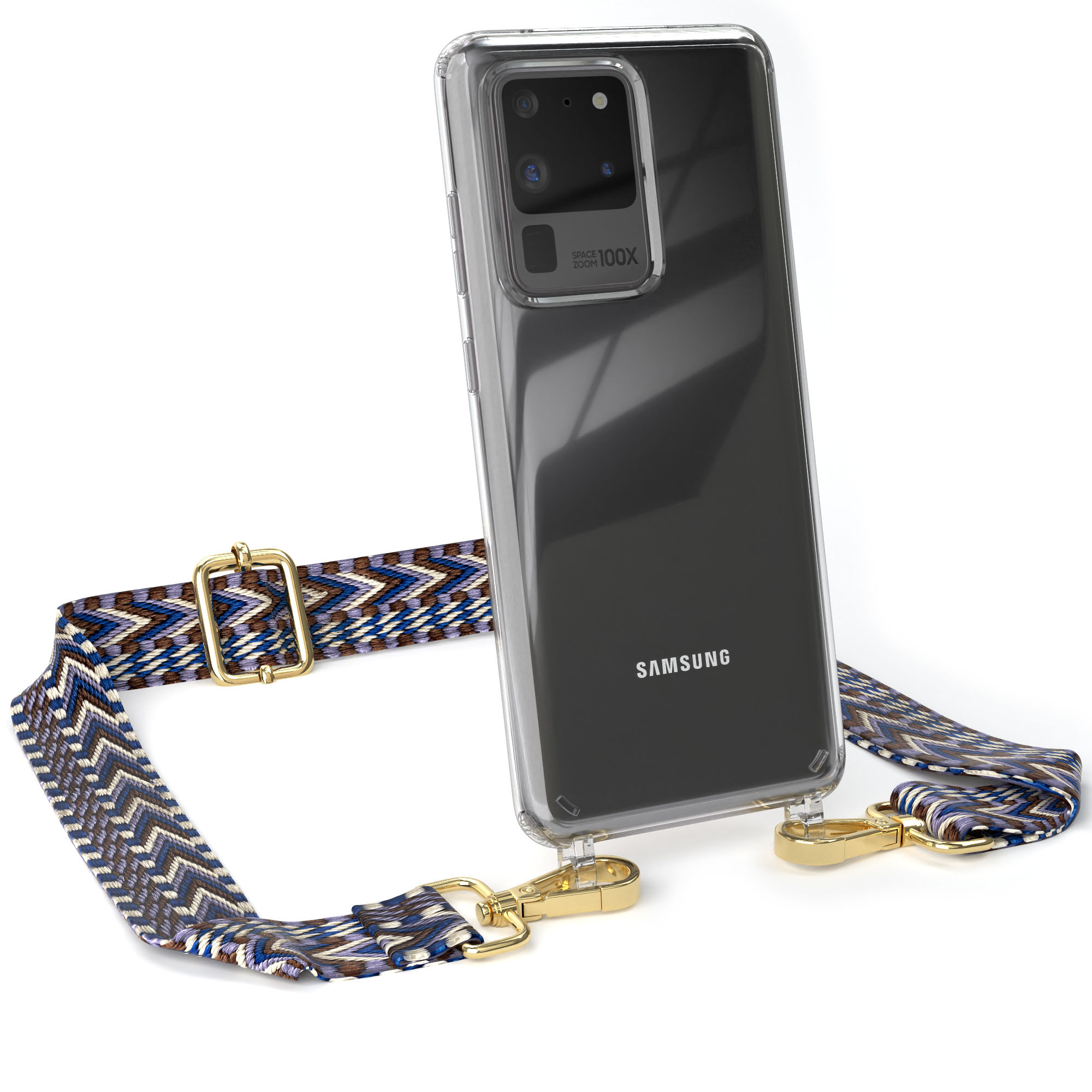 Transparente Handyhülle mit blau gemustertem Band. Telefon auf weißer Oberfläche.
