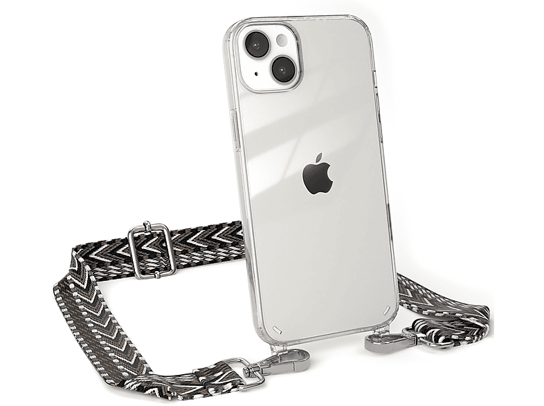 EAZY CASE Transparente Handyhülle mit Kordel Boho Style, Umhängetasche, Apple, iPhone 14 Plus, Schwarz / Grau