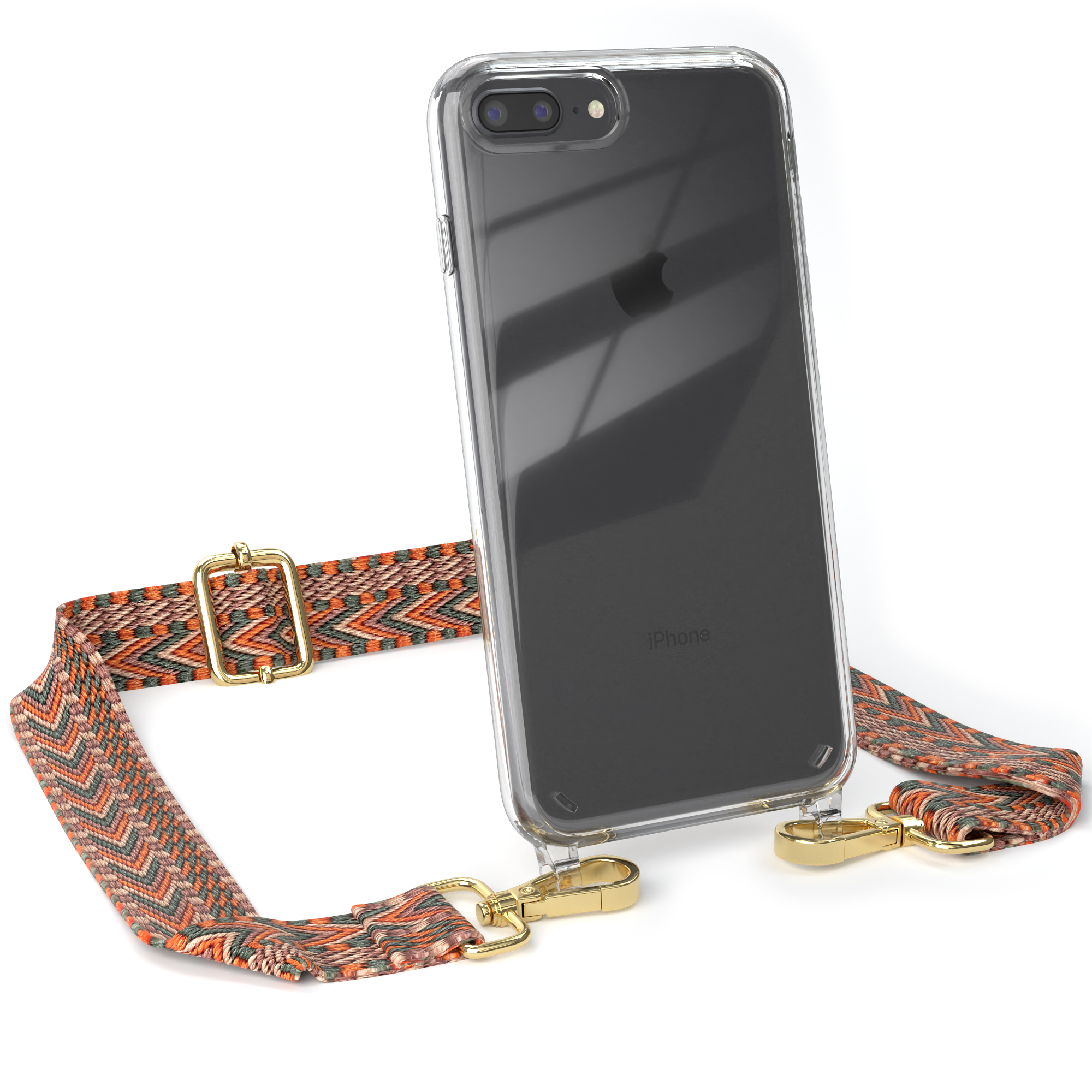 Transparente Handyhülle mit orangefarbenem Bandmuster. Telefon auf weißer Oberfläche.