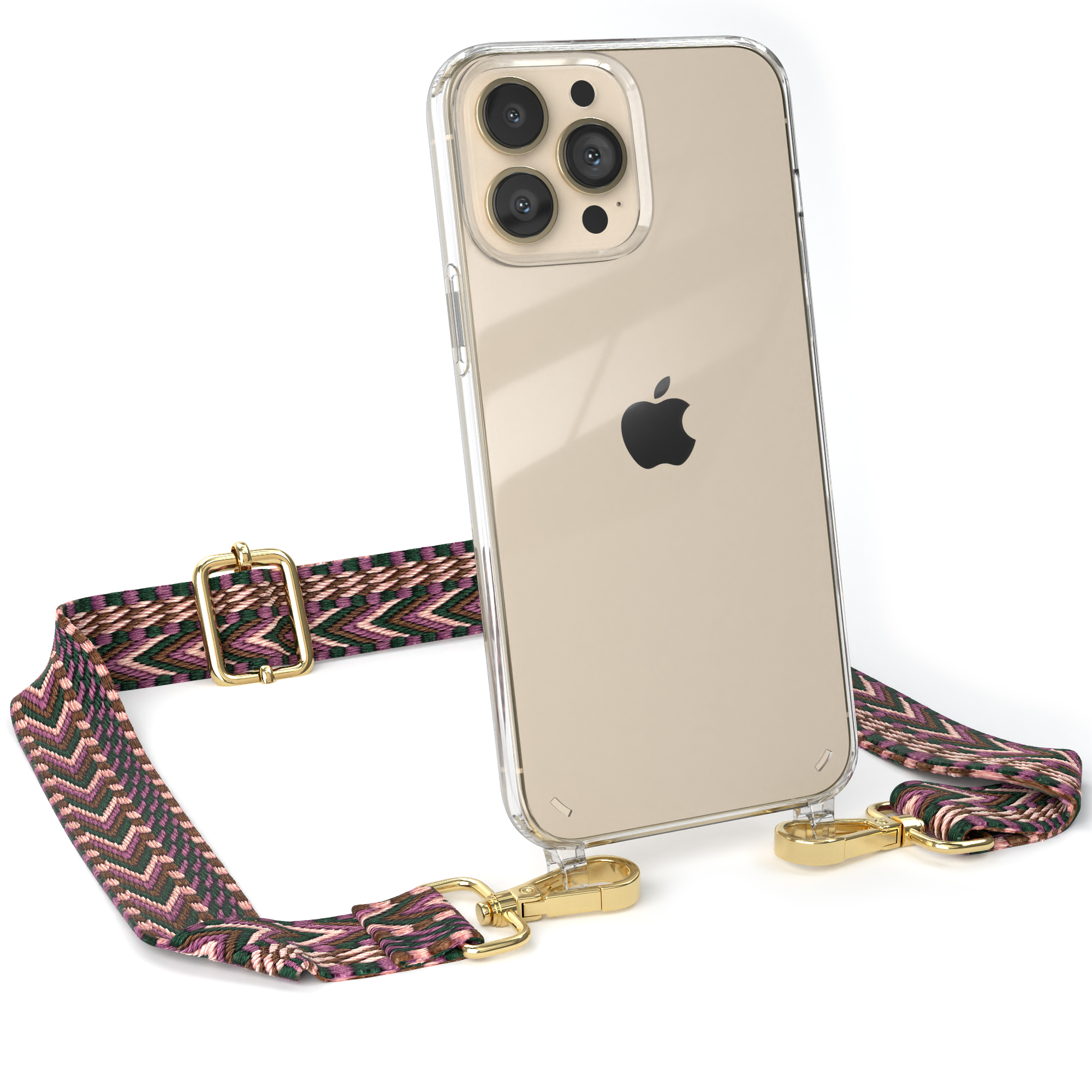 Transparente iPhone-Hülle mit Riemen. Der Riemen hat ein grünes, lila & weißes Muster.