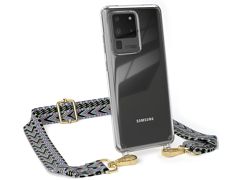 EAZY CASE Transparente Handyhülle mit Kordel Boho Style, Umhängetasche, Samsung, Galaxy S20 Ultra / S20 Ultra 5G, Violett / Grün