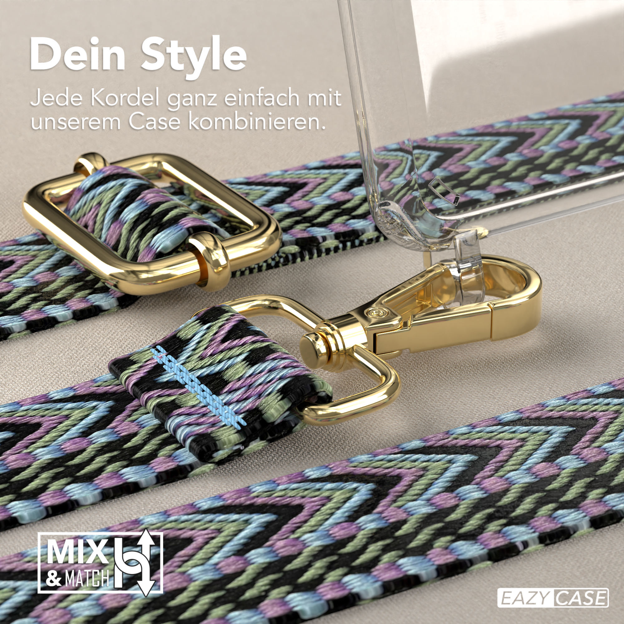 Handyband mit bunt gewebtem Muster. Goldener Verschluss und Beschläge. Klare Handyhülle sichtbar.