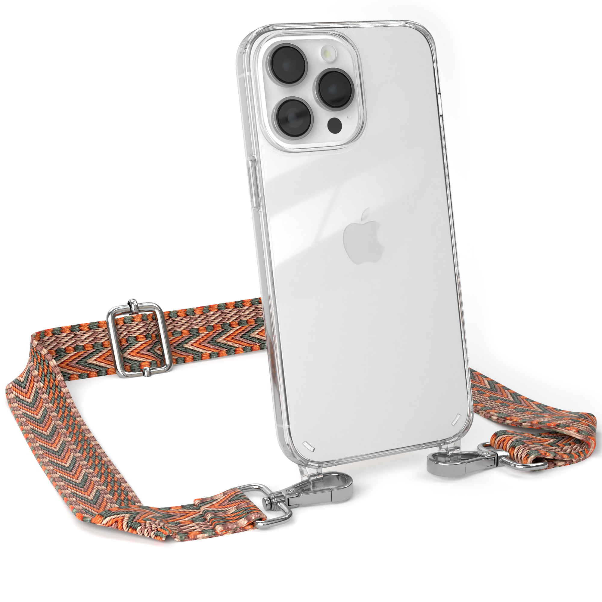 Transparente iPhone-Hülle mit orangefarbenem, grauem und weißem Riemen. Silberne Verschlüsse.