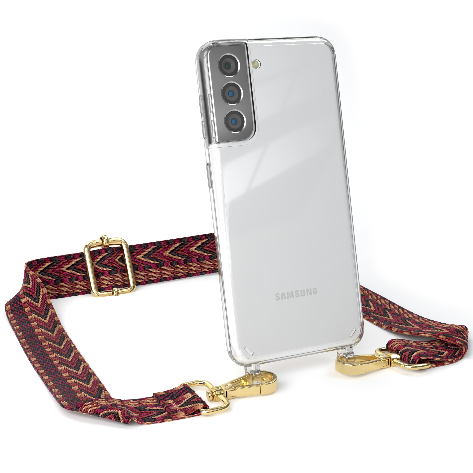 Handyhülle Umhängetasche, CASE S21 5G, EAZY Rot Samsung, Boho Galaxy mit Transparente Kordel / Braun Style,