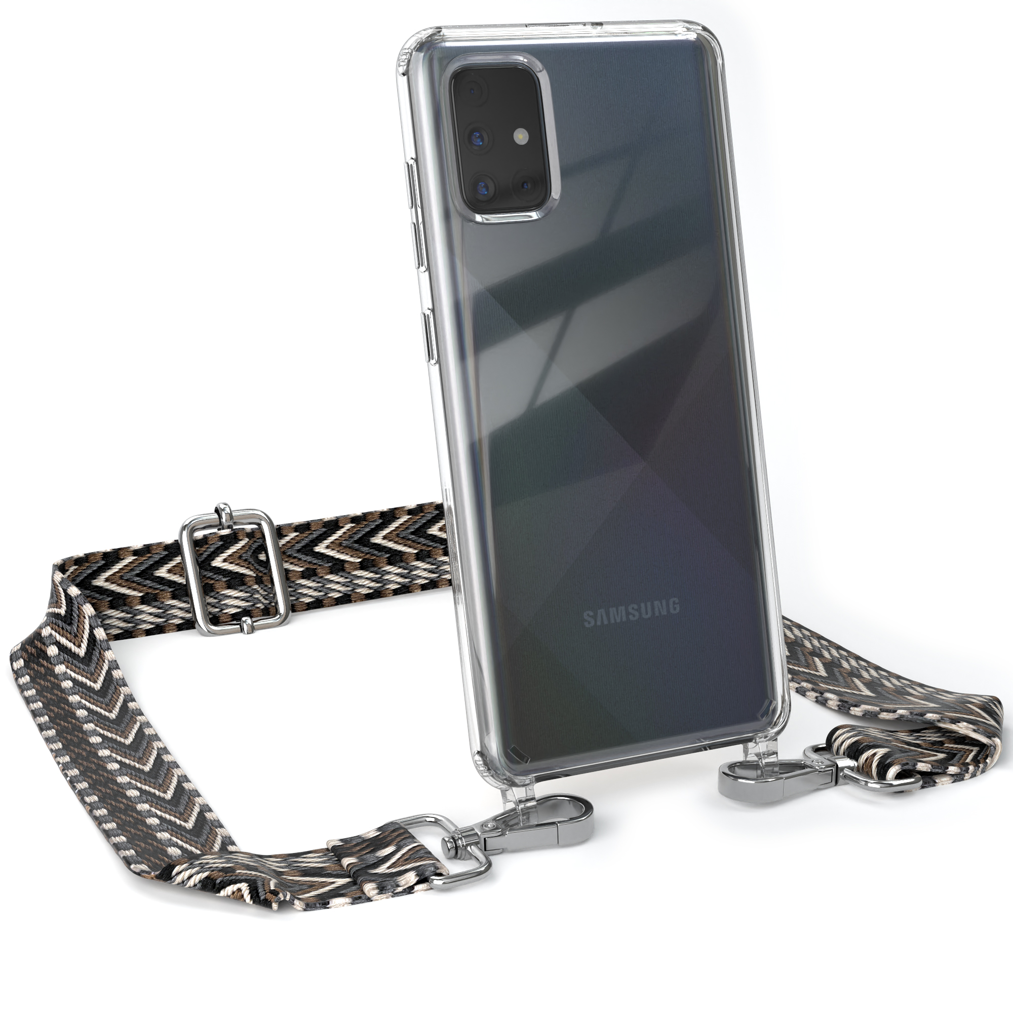 EAZY CASE Transparente Handyhülle Galaxy Samsung, Umhängetasche, Schwarz Style, mit Boho Kordel / Grau A71