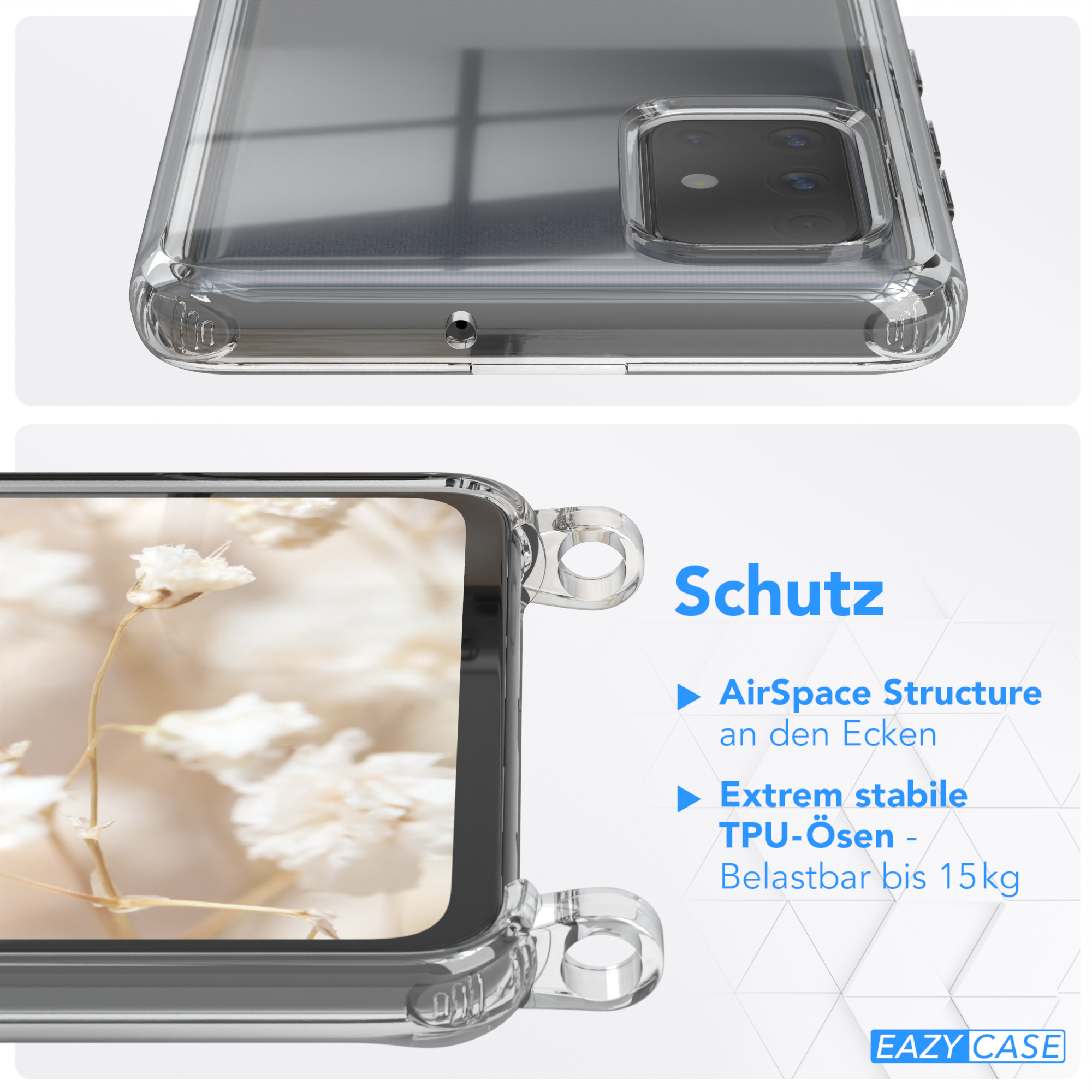 EAZY CASE Transparente Handyhülle Galaxy Samsung, Umhängetasche, Schwarz Style, mit Boho Kordel / Grau A71