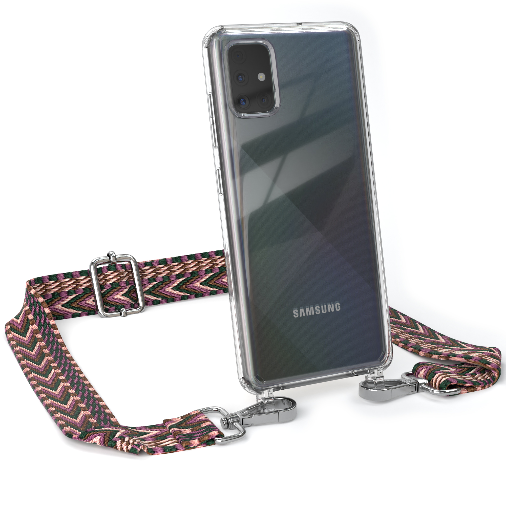 Transparente Handyhülle mit weinrotem Riemen. Samsung-Telefon. Weißer Hintergrund.