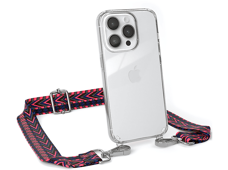 EAZY CASE Handyhülle iPhone Umhängetasche, mit Apple, Pro, Blau Kordel Boho Style, Transparente Pink / 14