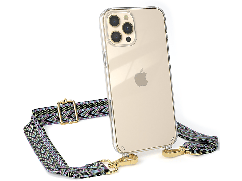 EAZY CASE Transparente Handyhülle mit Violett Grün Kordel Apple, iPhone Boho Umhängetasche, Max, Style, 12 Pro 