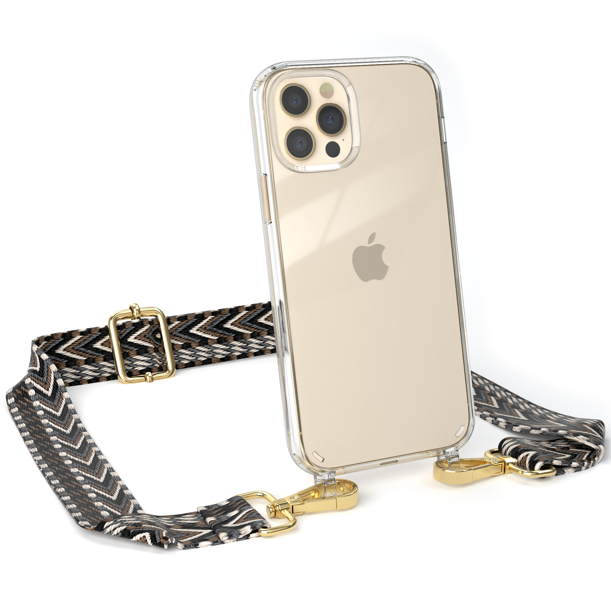 Transparente Handyhülle mit gemustertem Riemen. Ein Apple-Telefon befindet sich in der Hülle. Der Riemen hat schwarze, braune und weiße Zickzackmuster.