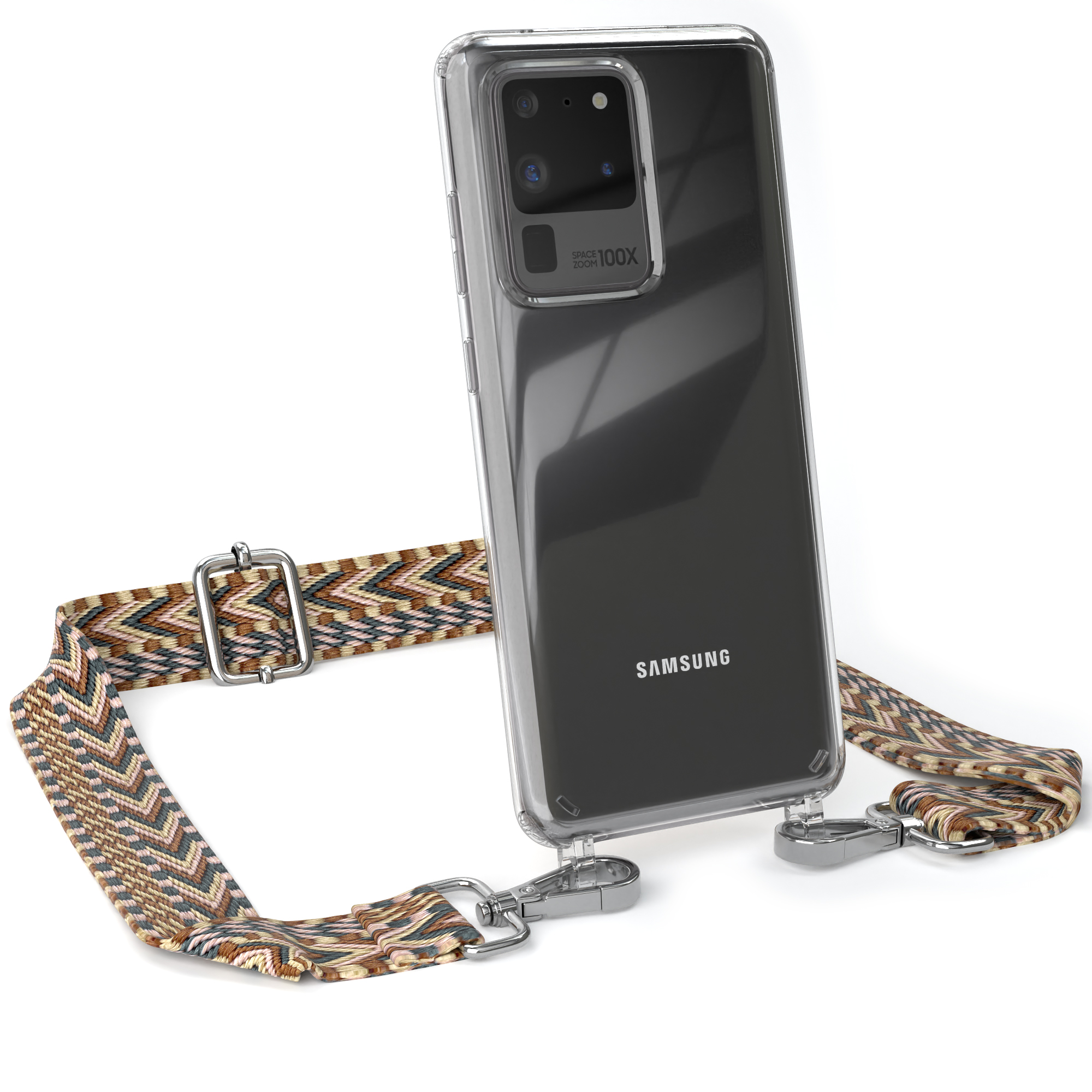 Eine Handyhülle mit gemustertem Riemen. Das Telefon ist transparent und hat ein Samsung-Logo.