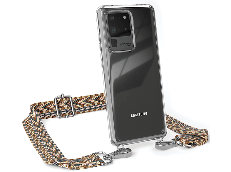 EAZY CASE Transparente Kordel Handyhülle Ultra Braun 5G, S20 Galaxy Style, Samsung, Mix Umhängetasche, mit S20 Ultra Boho 