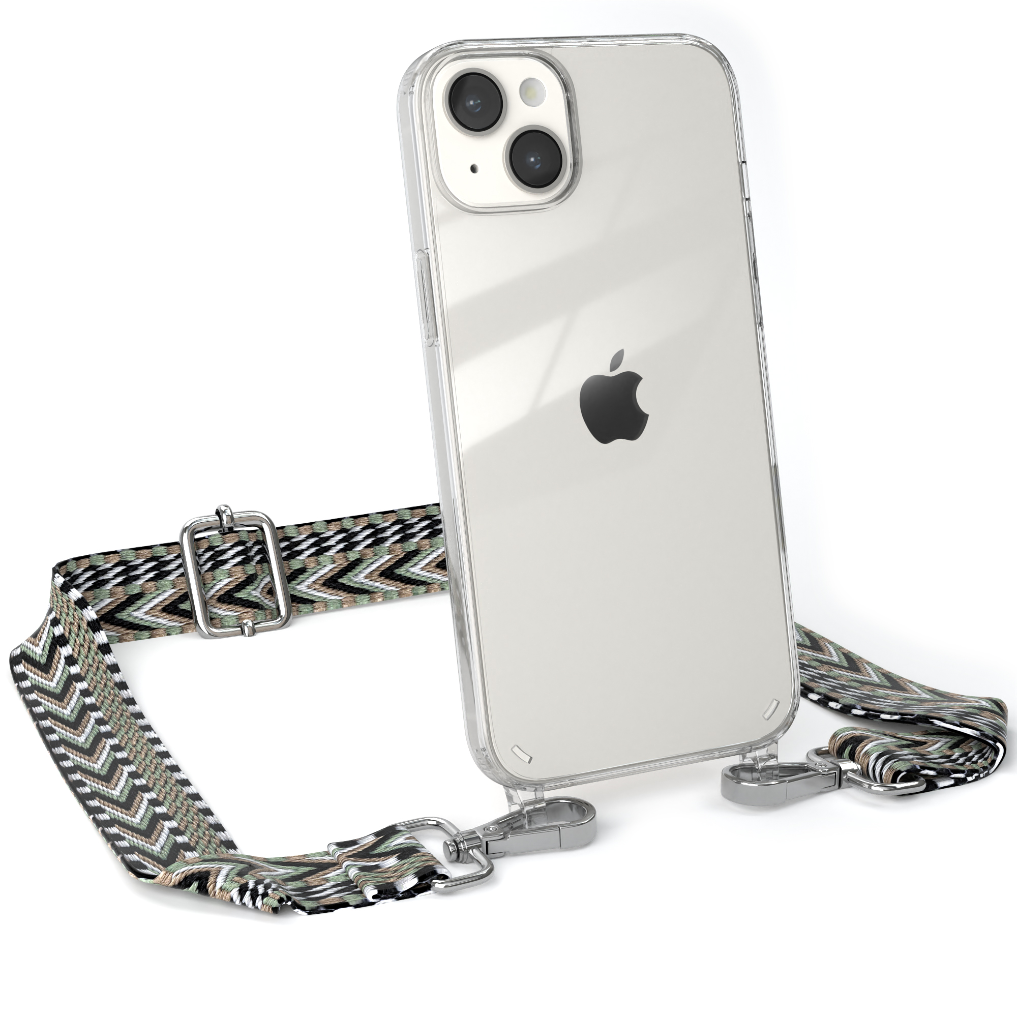 Transparente Handyhülle mit grün-schwarzem Riemen, iPhone, weißer Hintergrund.