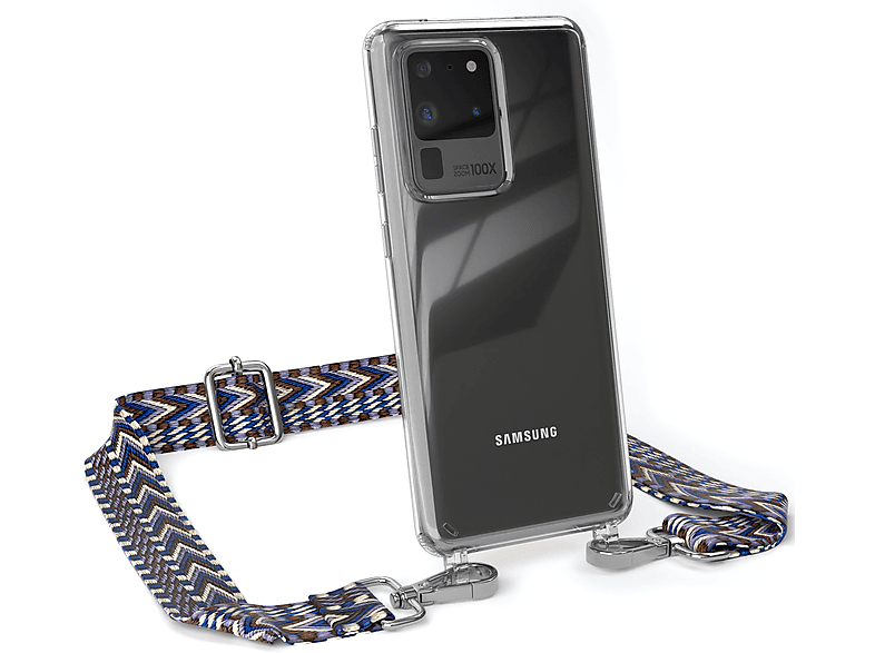 EAZY CASE Transparente Handyhülle mit Boho / S20 Weiß Blau 5G, S20 Ultra Ultra Umhängetasche, Samsung, / Galaxy Style, Kordel