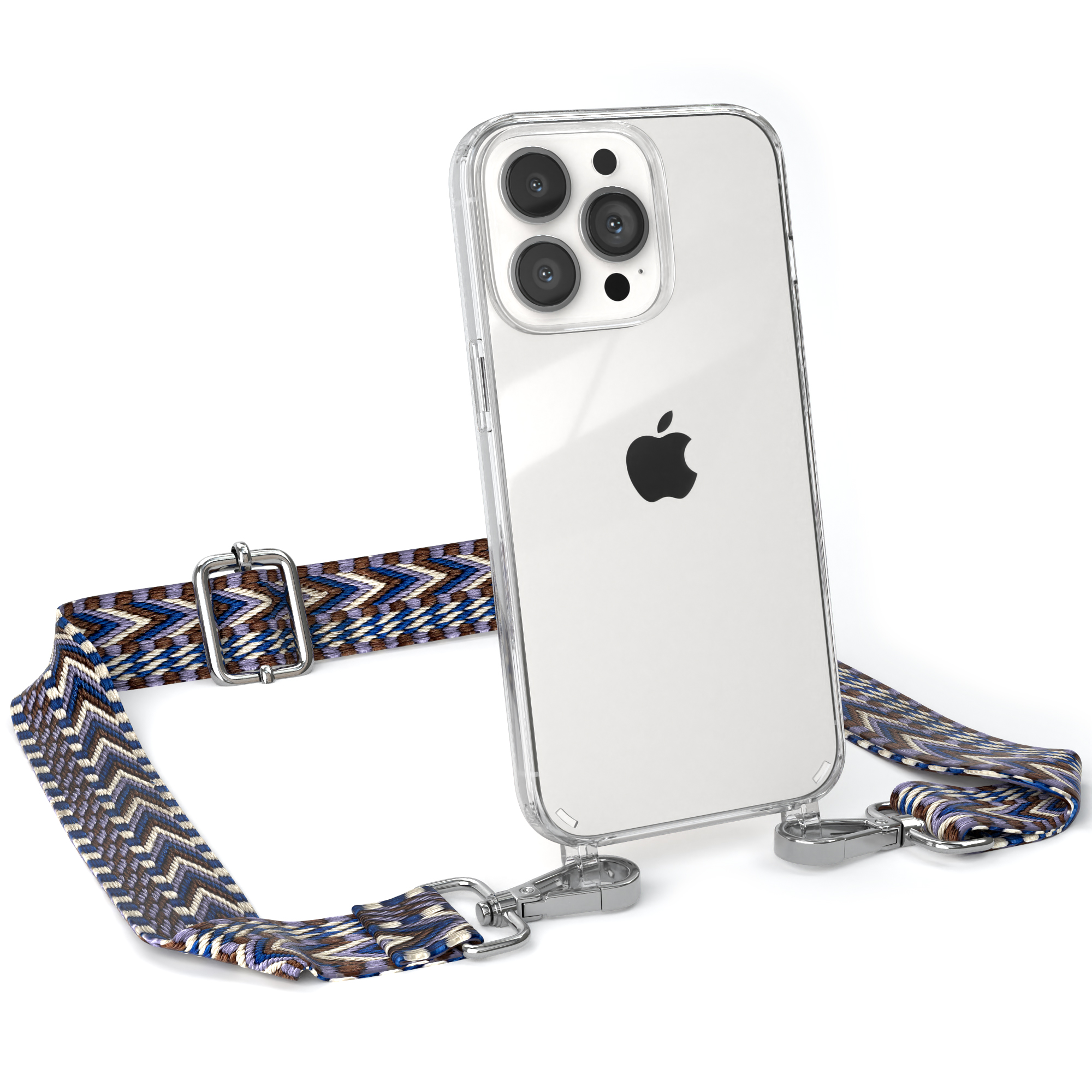 Transparente iPhone-Hülle mit Band, silberner Hardware und Muster auf Weiß.
