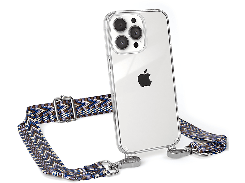 EAZY CASE Transparente Handyhülle mit Kordel Boho Style, Umhängetasche, Apple, iPhone 13 Pro, Blau / Weiß