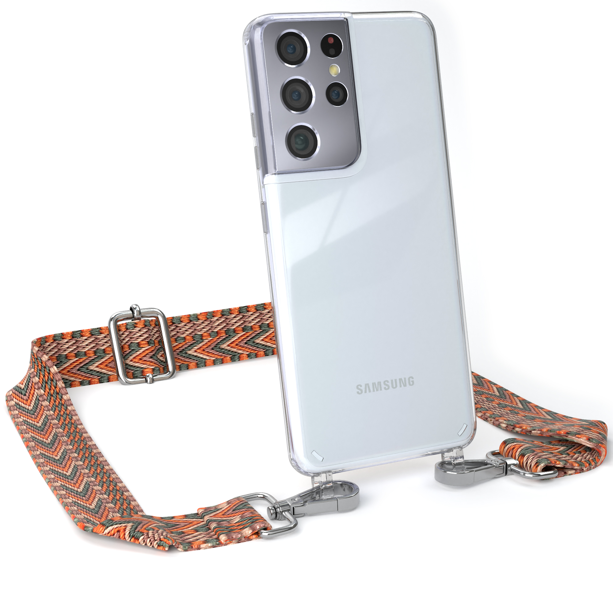 EAZY CASE Transparente Handyhülle Ultra Samsung, Grün mit Orange / Kordel Boho Umhängetasche, 5G, S21 Galaxy Style