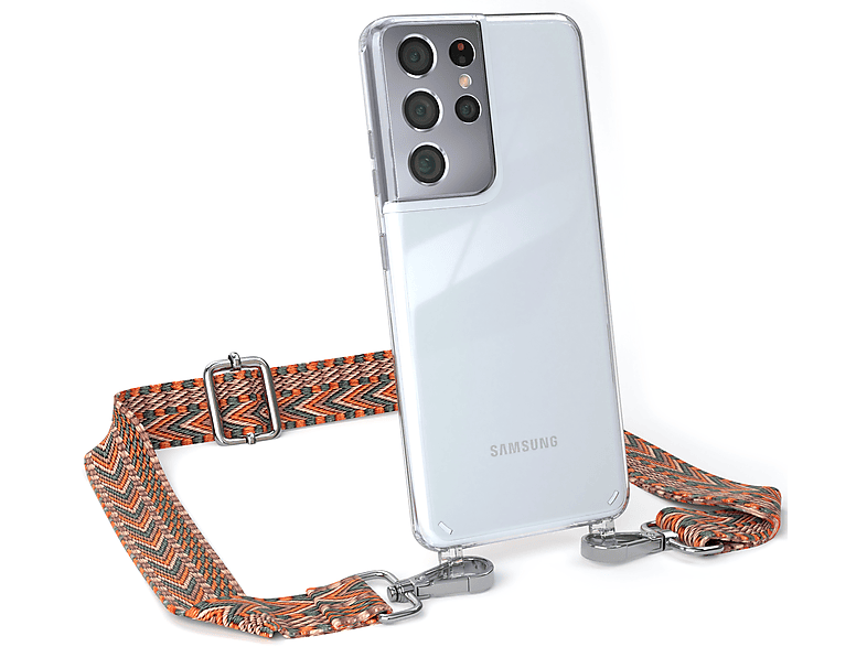 EAZY CASE Transparente Handyhülle mit Kordel Boho Style, Umhängetasche, Samsung, Galaxy S21 Ultra 5G, Orange / Grün
