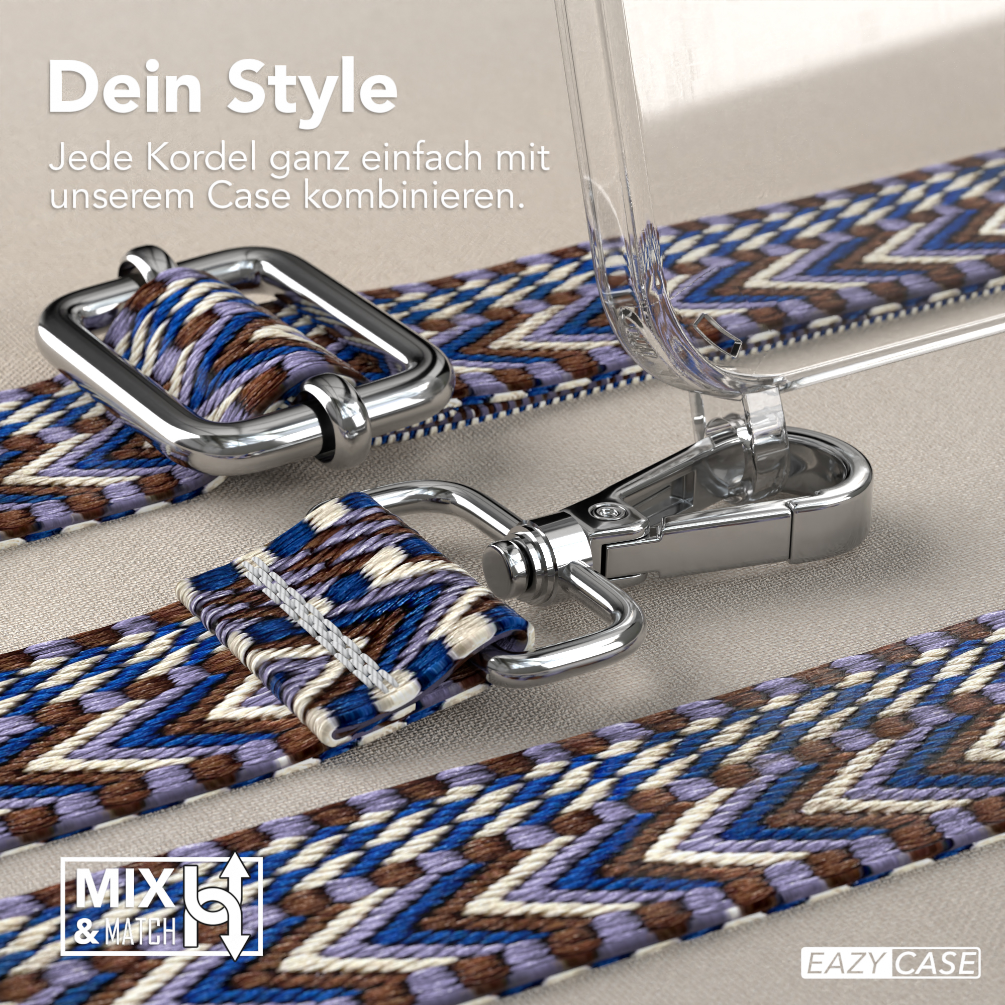 Nahaufnahme des Gurtes, blaues und lila Muster, mit silbernem Verschluss. Text: Mix&Match.