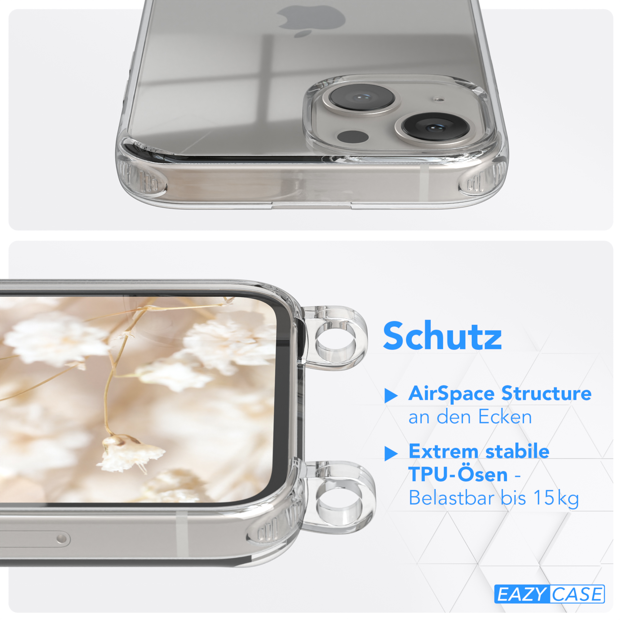 Transparente Handyhülle mit Ringschlaufen. Text: AirSpace Structure, stabile TPU-Ösen.