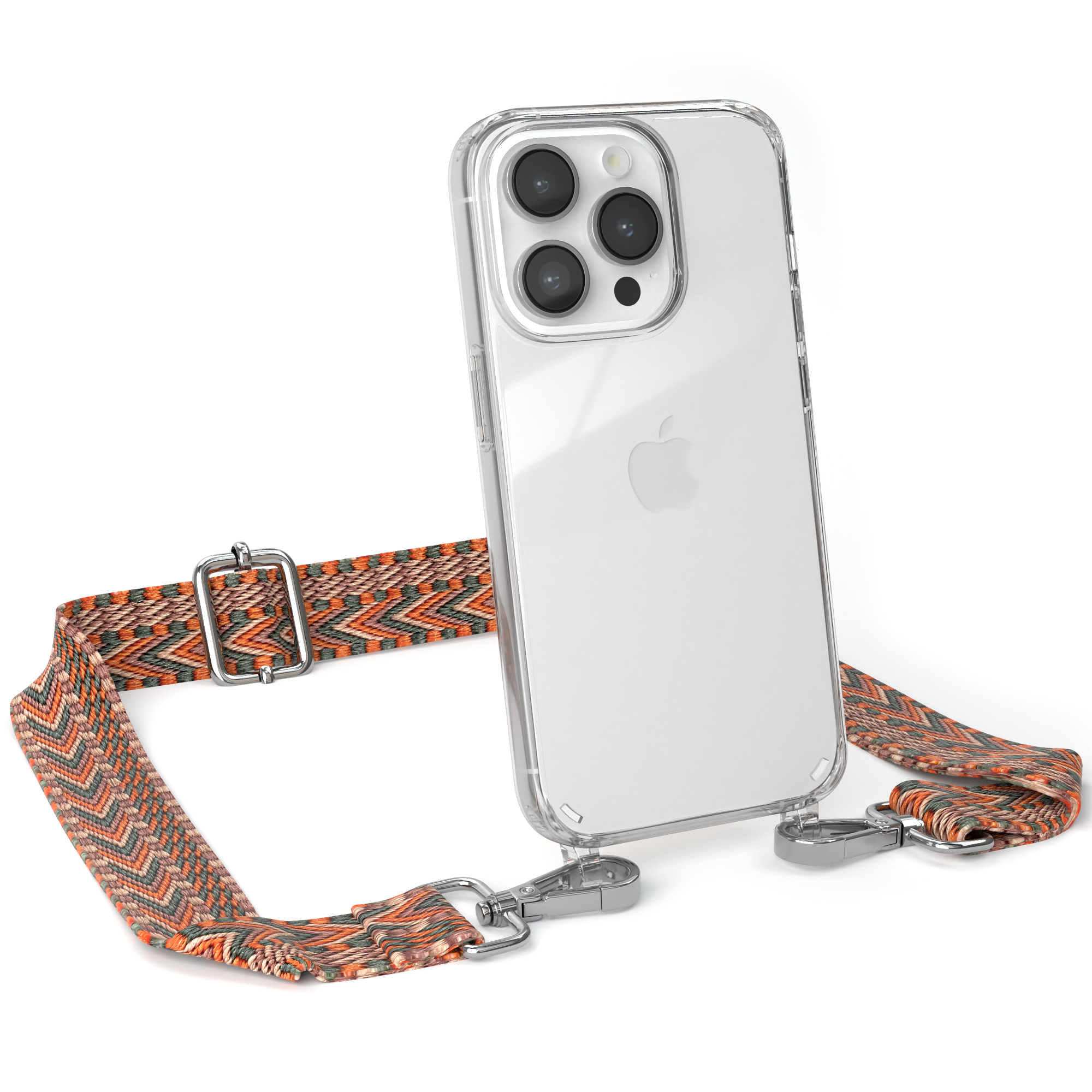 Transparente Handyhülle mit Trageriemen. Der Riemen ist orange und grau.