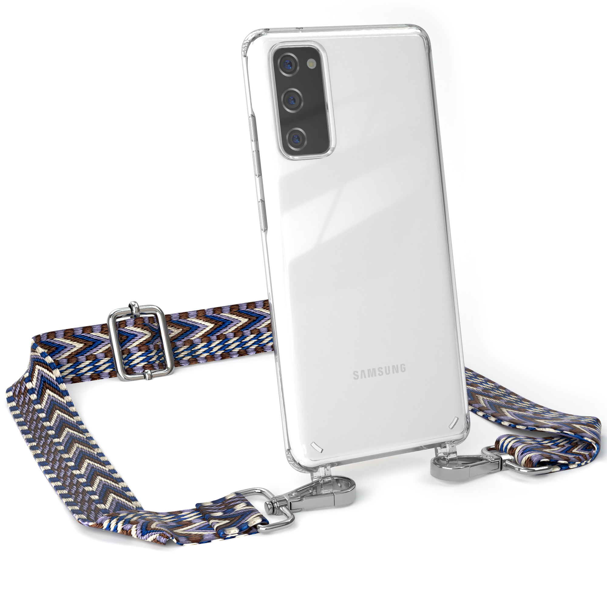 EAZY CASE Transparente Handyhülle mit Umhängetasche, Weiß Samsung, Style, / Boho Kordel S20, Galaxy Blau