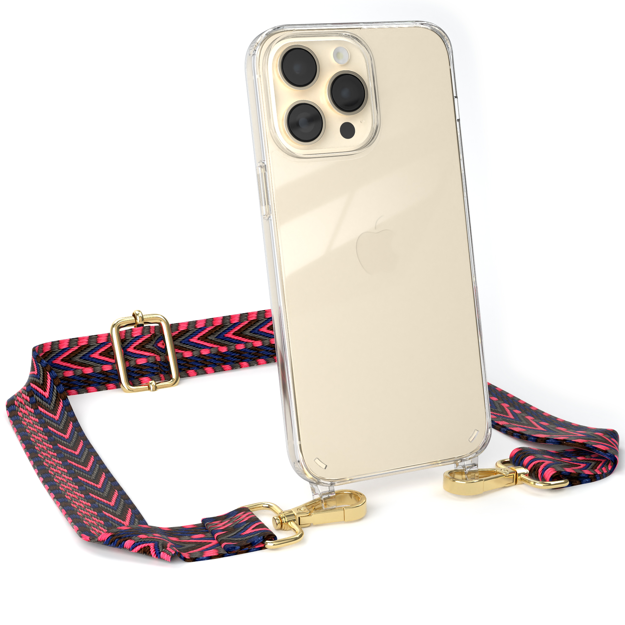 Transparente Handyhülle mit Riemen, auf weißem Hintergrund. Telefon mit Kamera, Apple-Logo, gemusterter Riemen.
