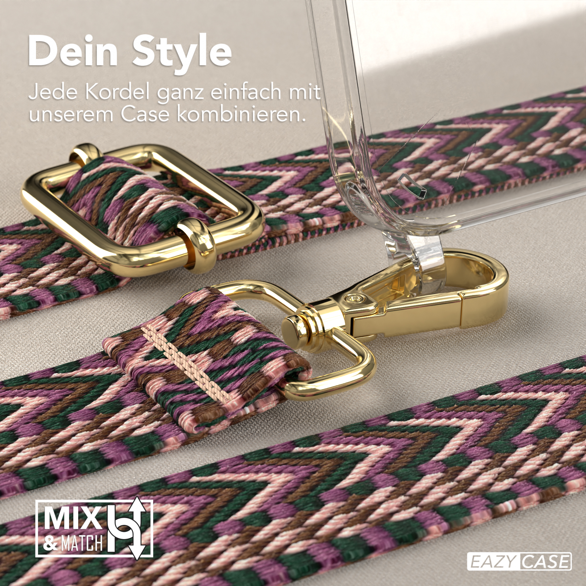 Nahaufnahme von Telefonband, goldener Schließe und Handyhülle. Gemustertes Band in Lila und Grün.