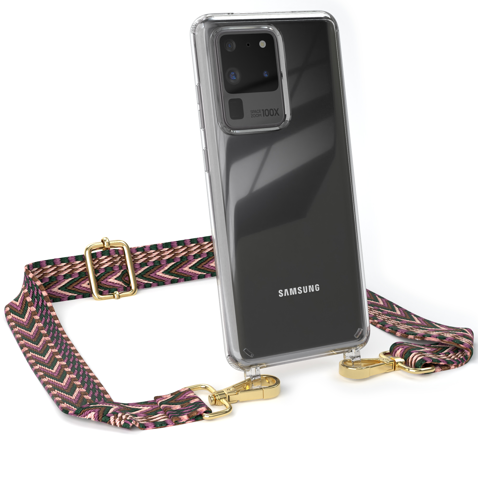 Transparente Handyhülle mit Samsung-Telefon und gemustertem Riemen.