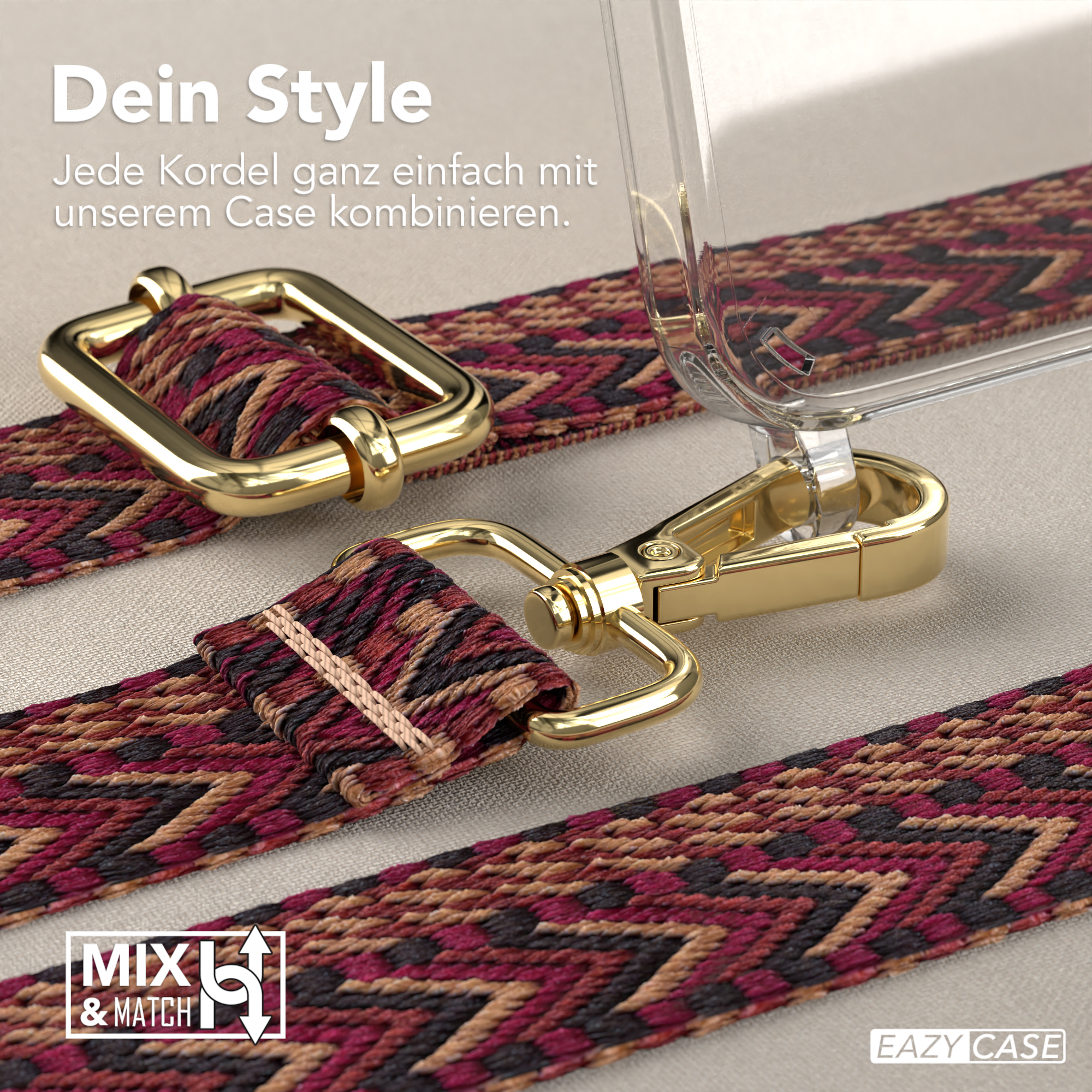Nahaufnahme einer goldenen Schließe und eines Riemens mit gewebtem rot, schwarz und beige Muster. Eazy Case Logo.