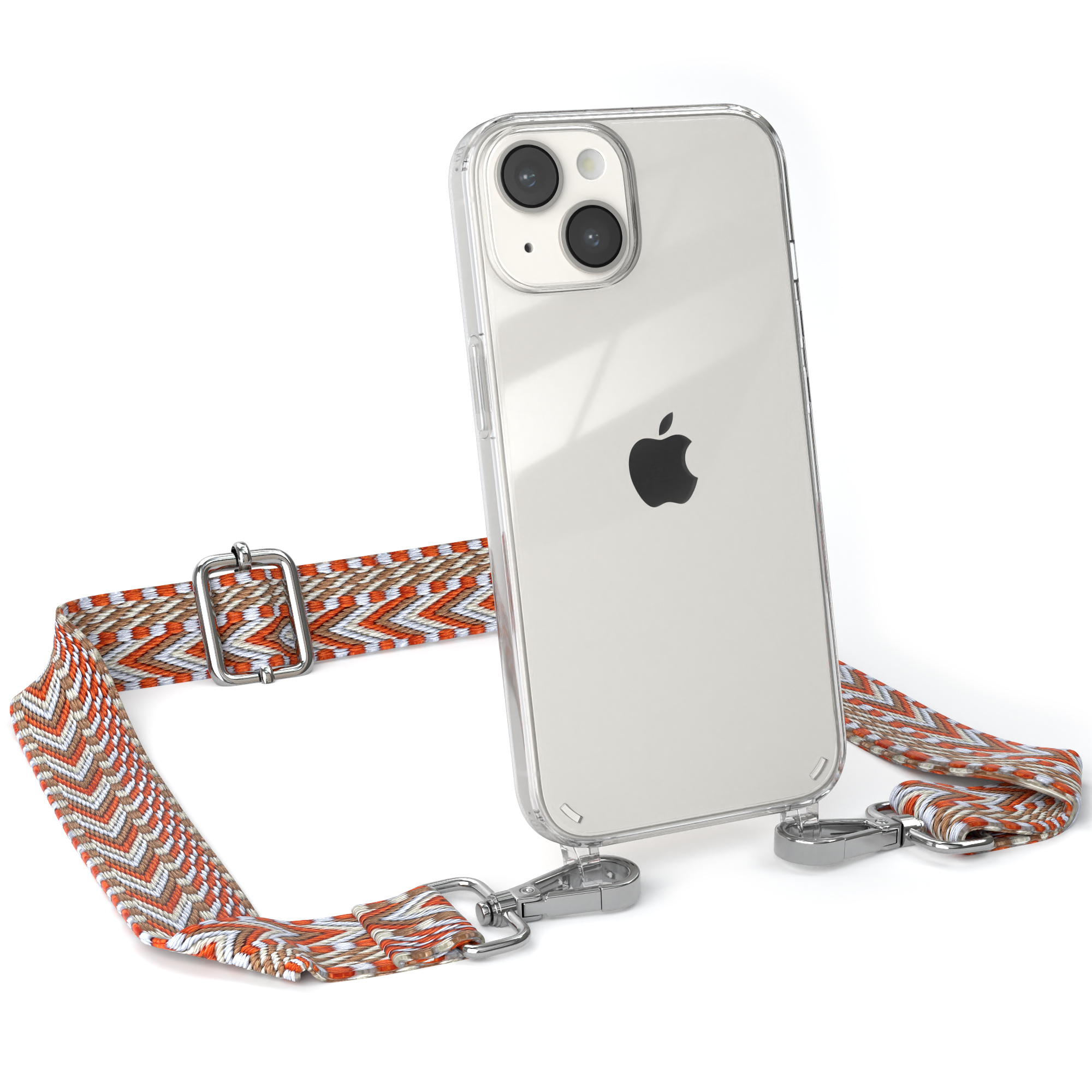EAZY CASE Transparente Handyhülle Apple, 14, Hellblau Kordel iPhone Boho Style, Umhängetasche, mit Rot 