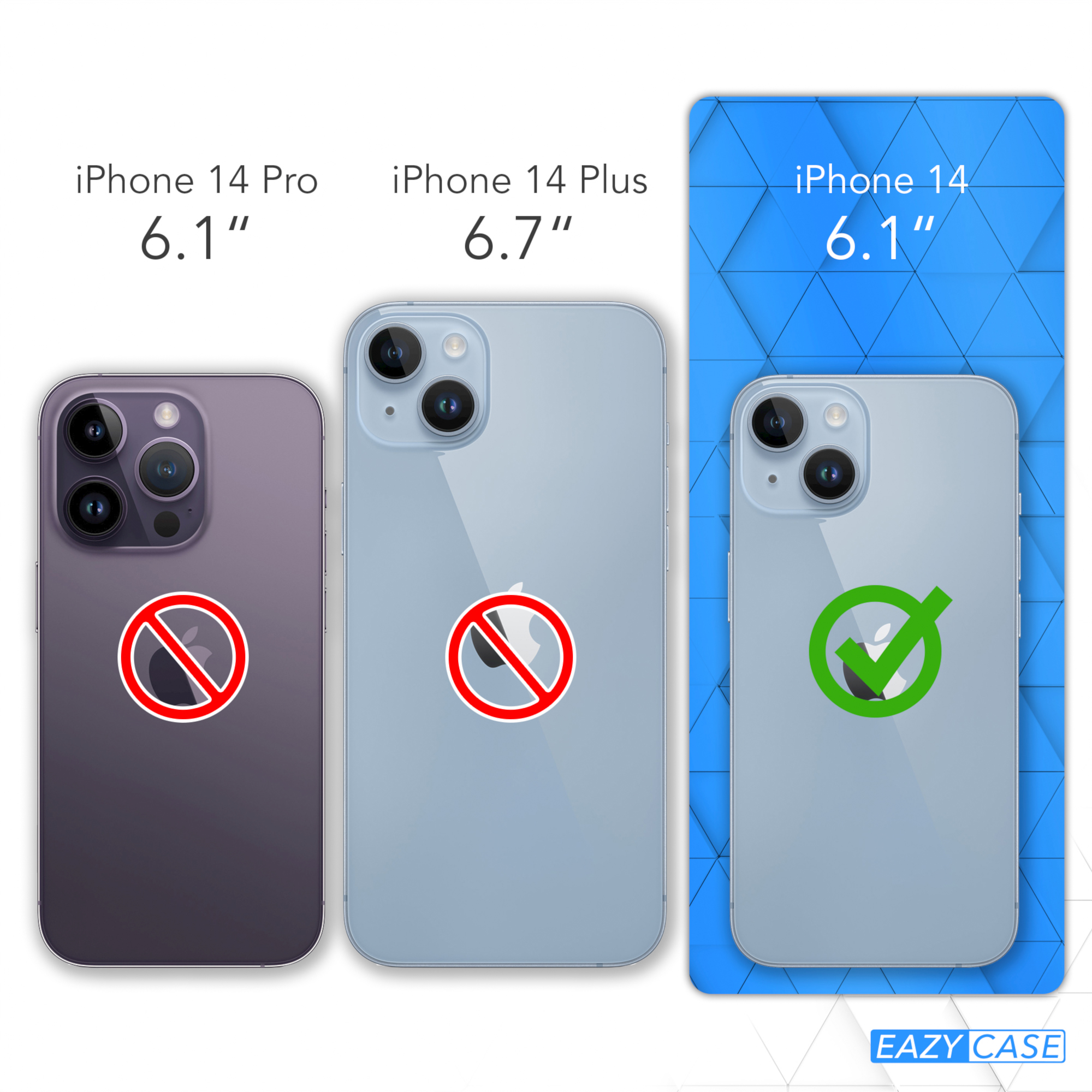 Bilder von iPhone 14 Pro, 14 Plus und 14. Nur das 14 ist kompatibel.