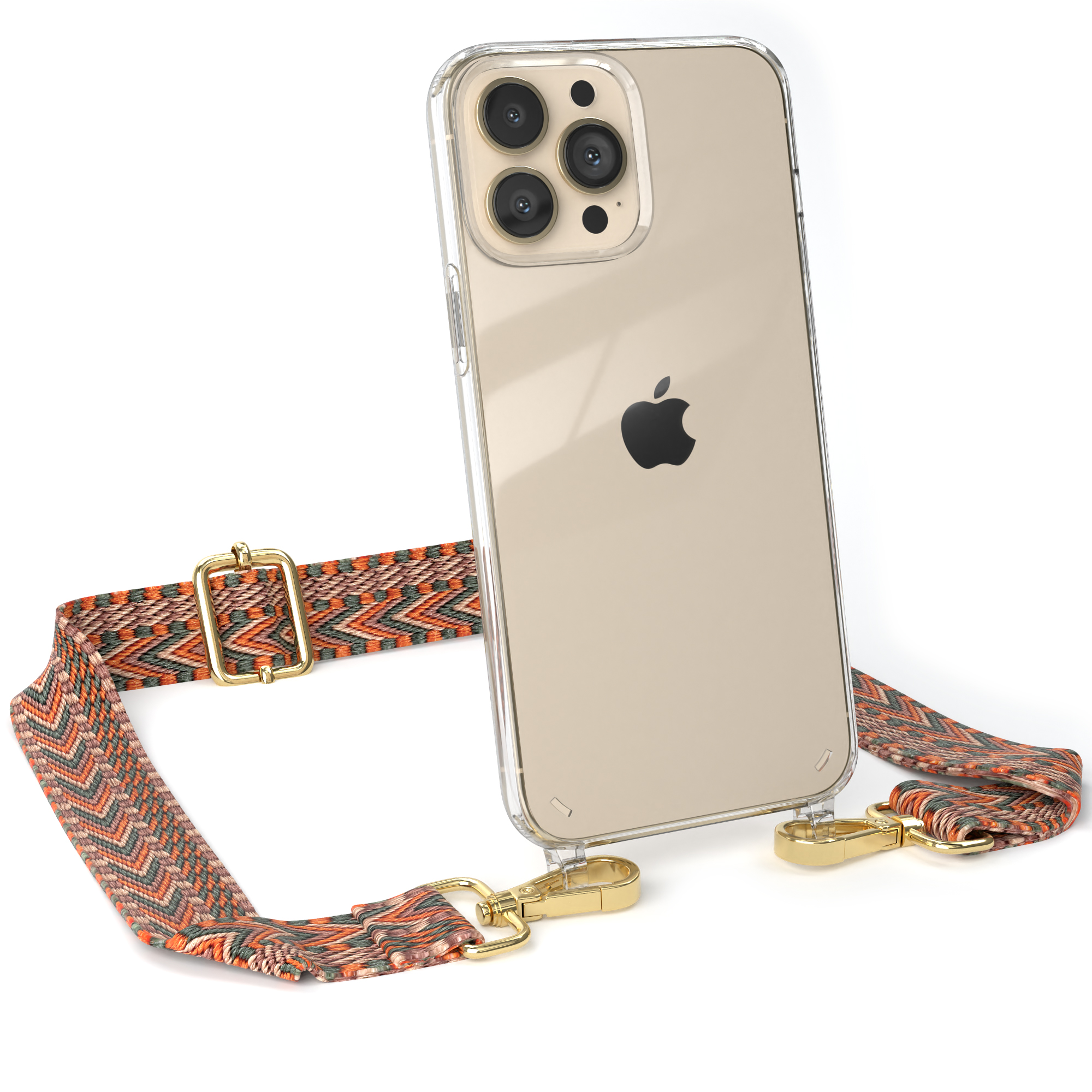 Transparente Handyhülle mit orangefarbenem und grauem gemustertem Riemen, der mit goldenen Verschlüssen befestigt ist. Das Telefon ist geneigt.